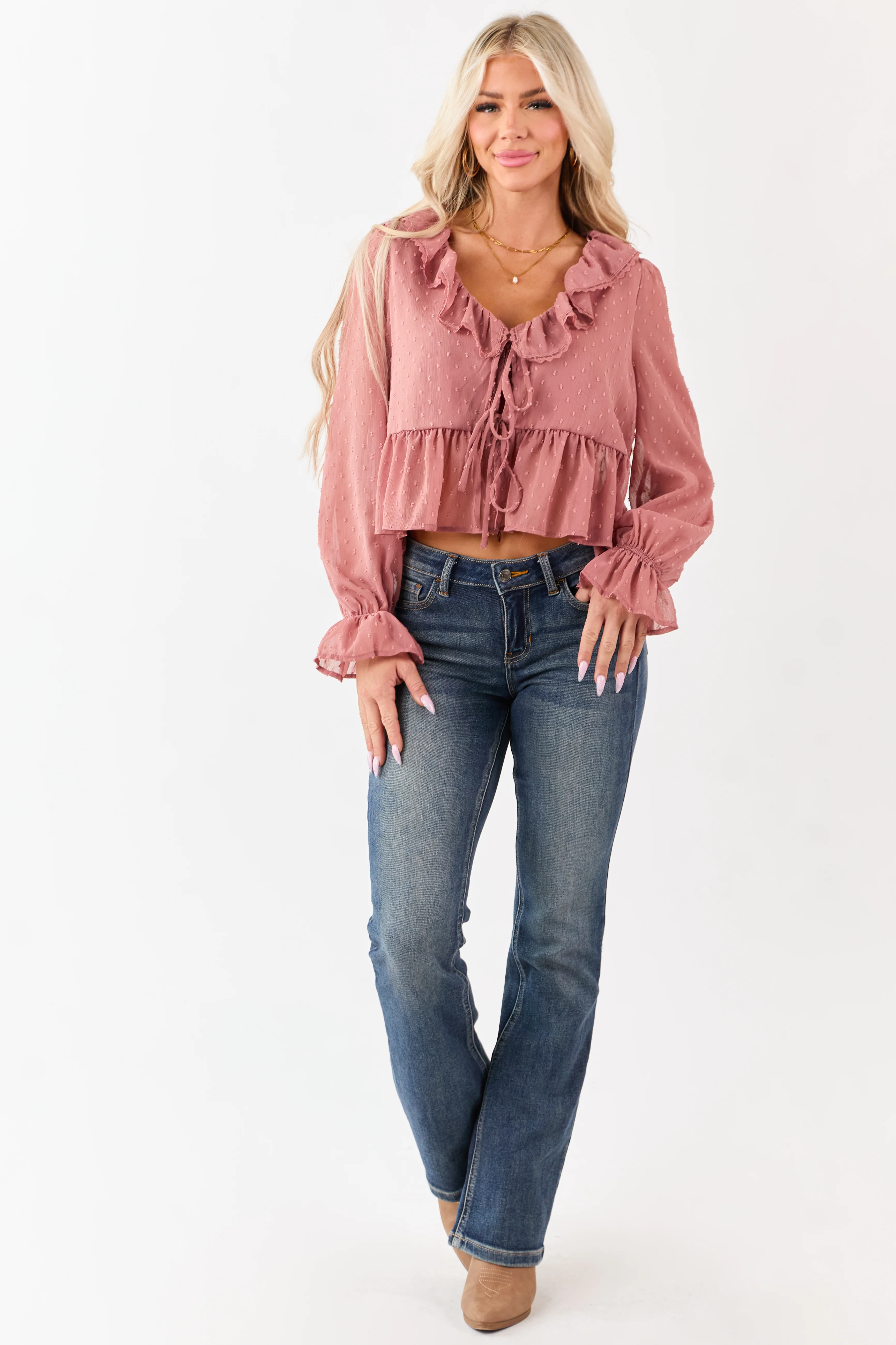 Dusty Rose Swiss Dot Long Sleeve Peplum Blouse - Image 3