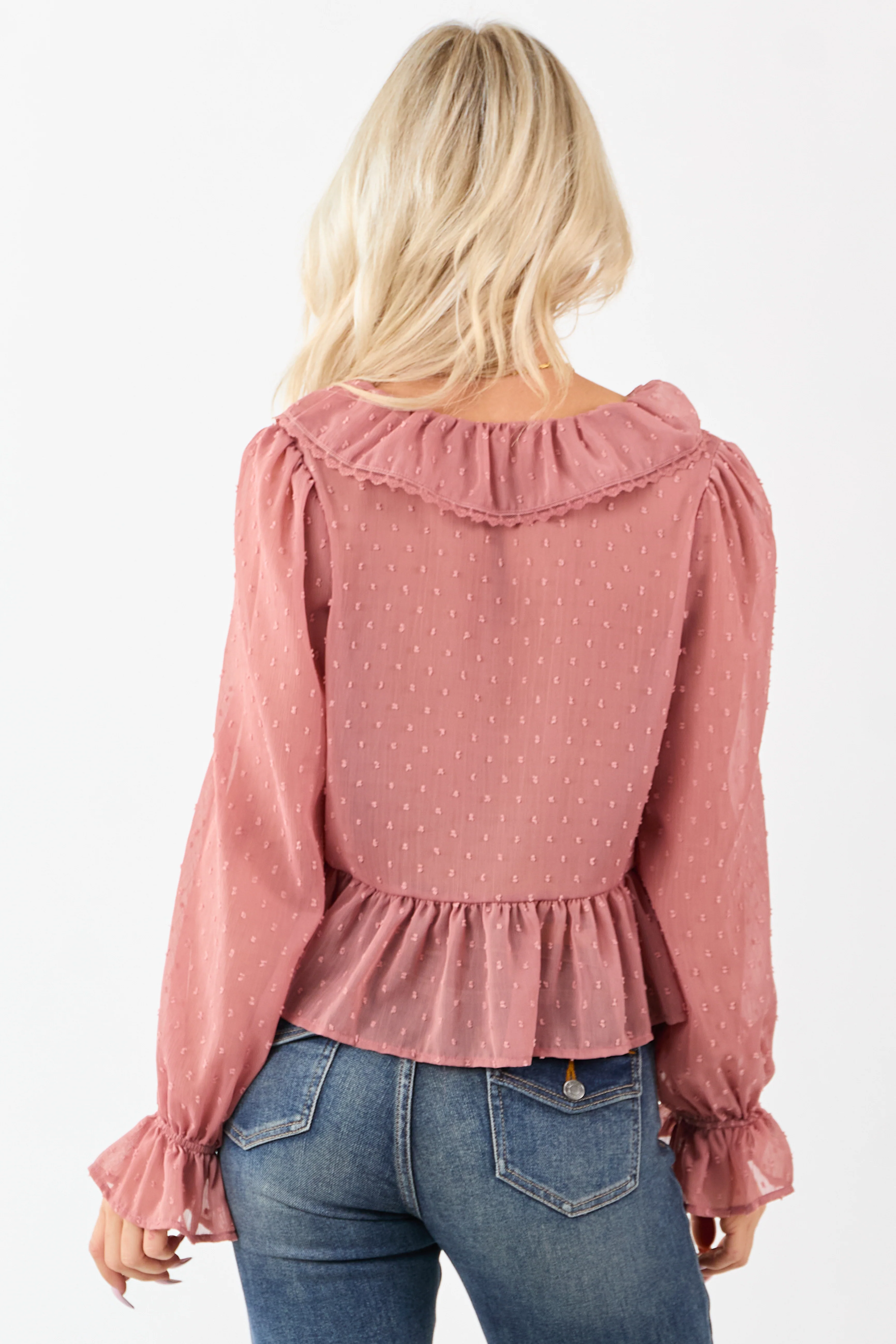 Dusty Rose Swiss Dot Long Sleeve Peplum Blouse - Image 6