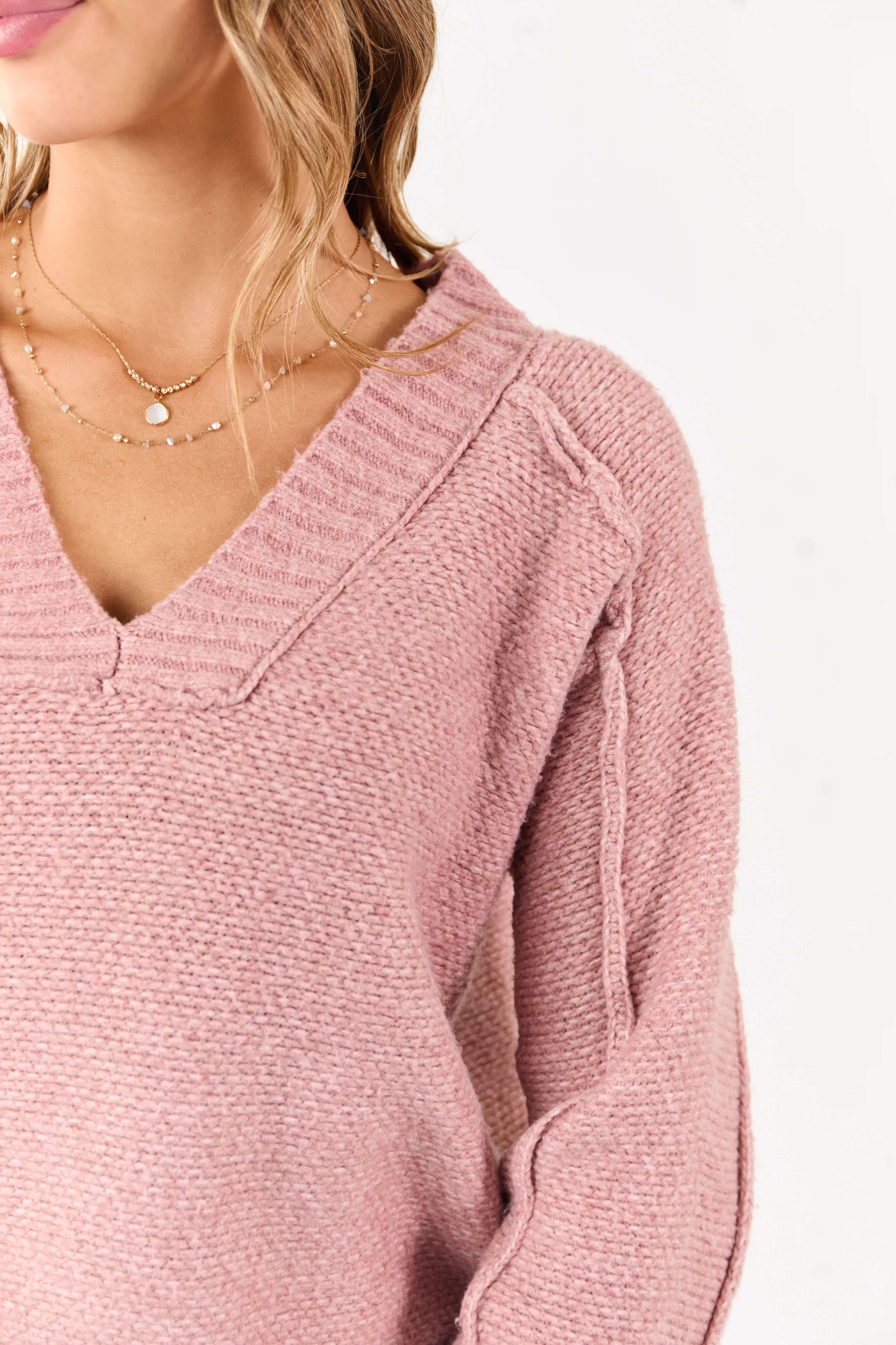 Dusty Rose V-Neck Ribbed Trim Relaxed Sweater - Image 7