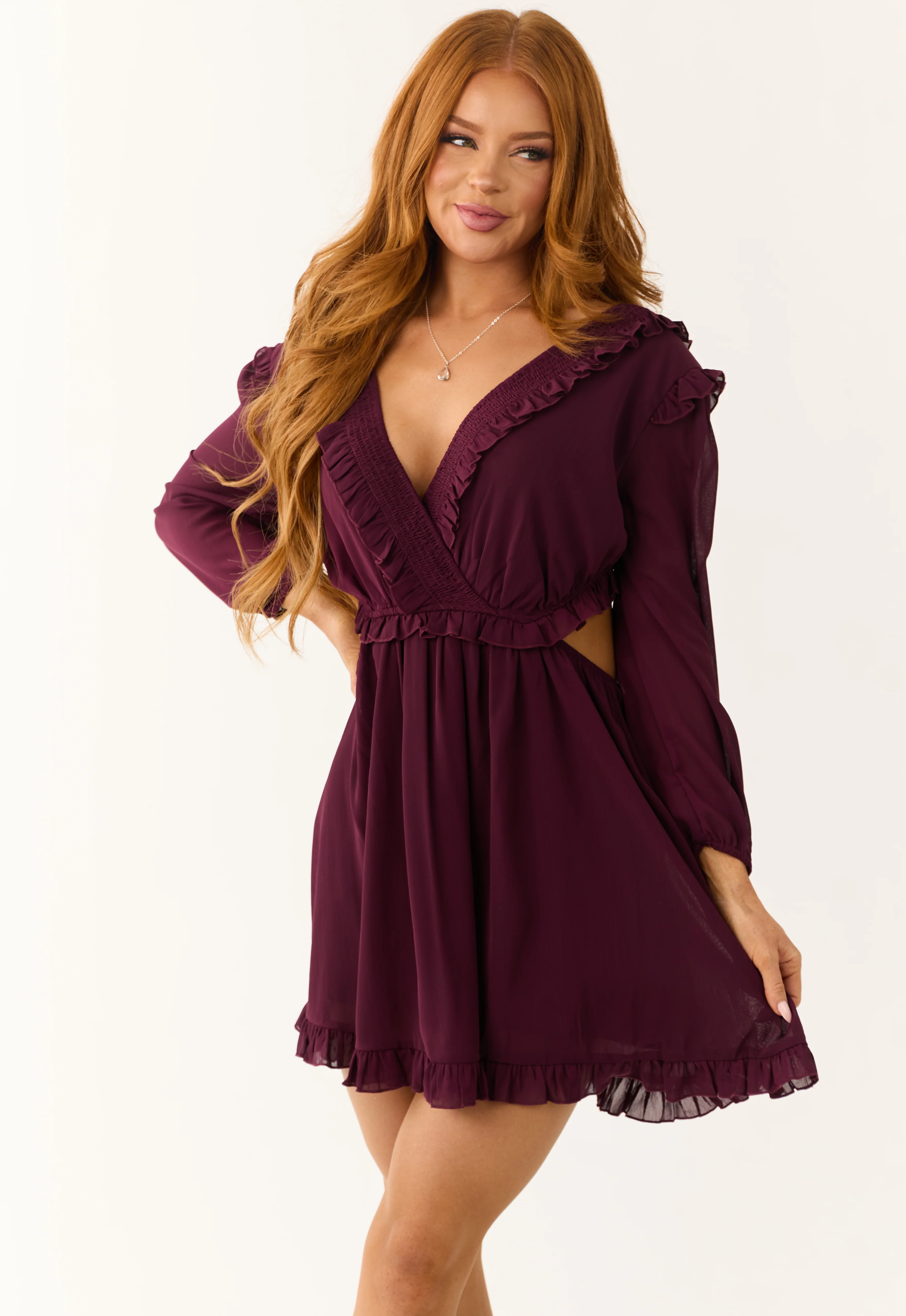 Eggplant Smocked Ruffle Long Sleeve Mini Dress - Image 2