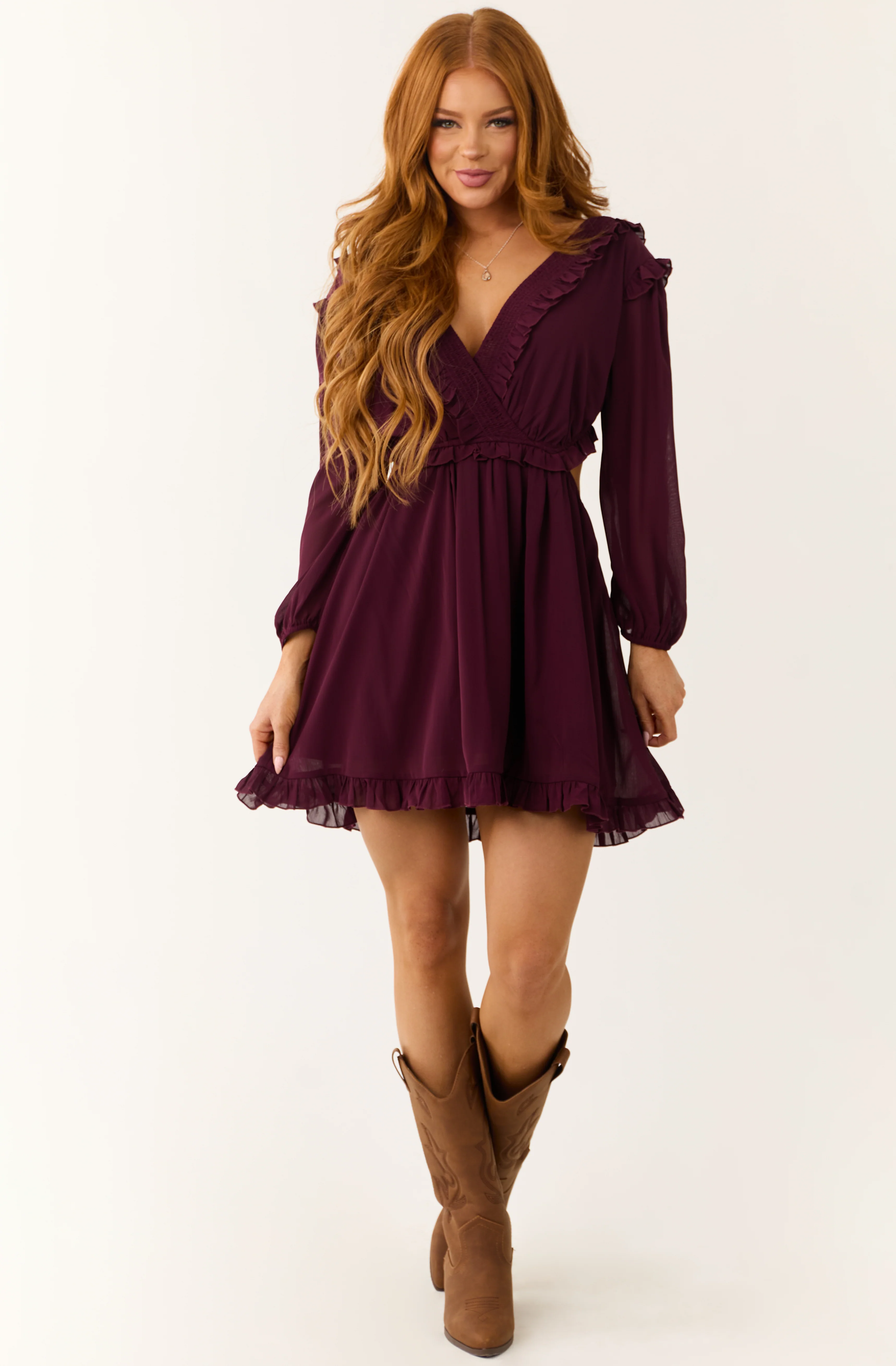Eggplant Smocked Ruffle Long Sleeve Mini Dress - Image 3