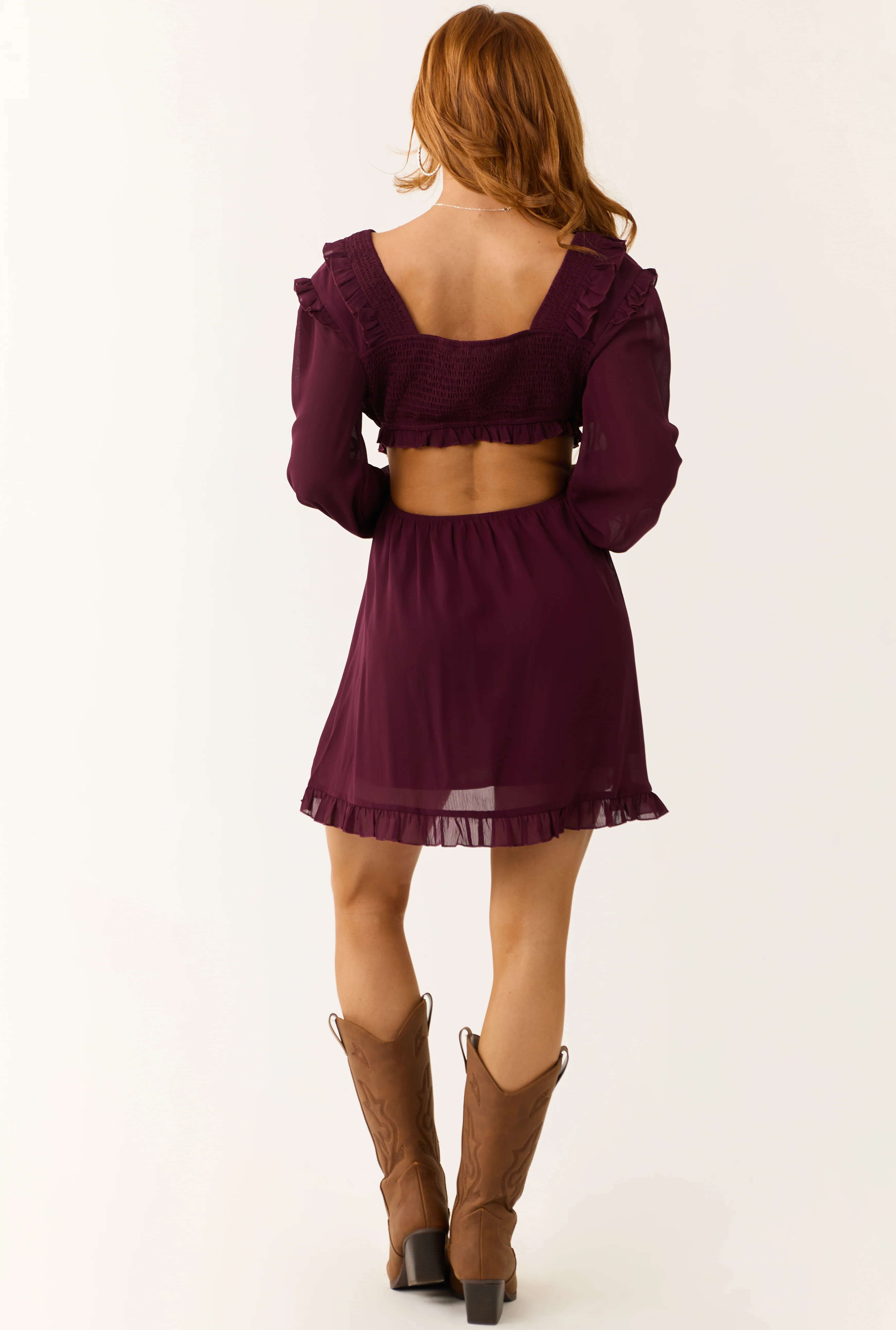 Eggplant Smocked Ruffle Long Sleeve Mini Dress - Image 6