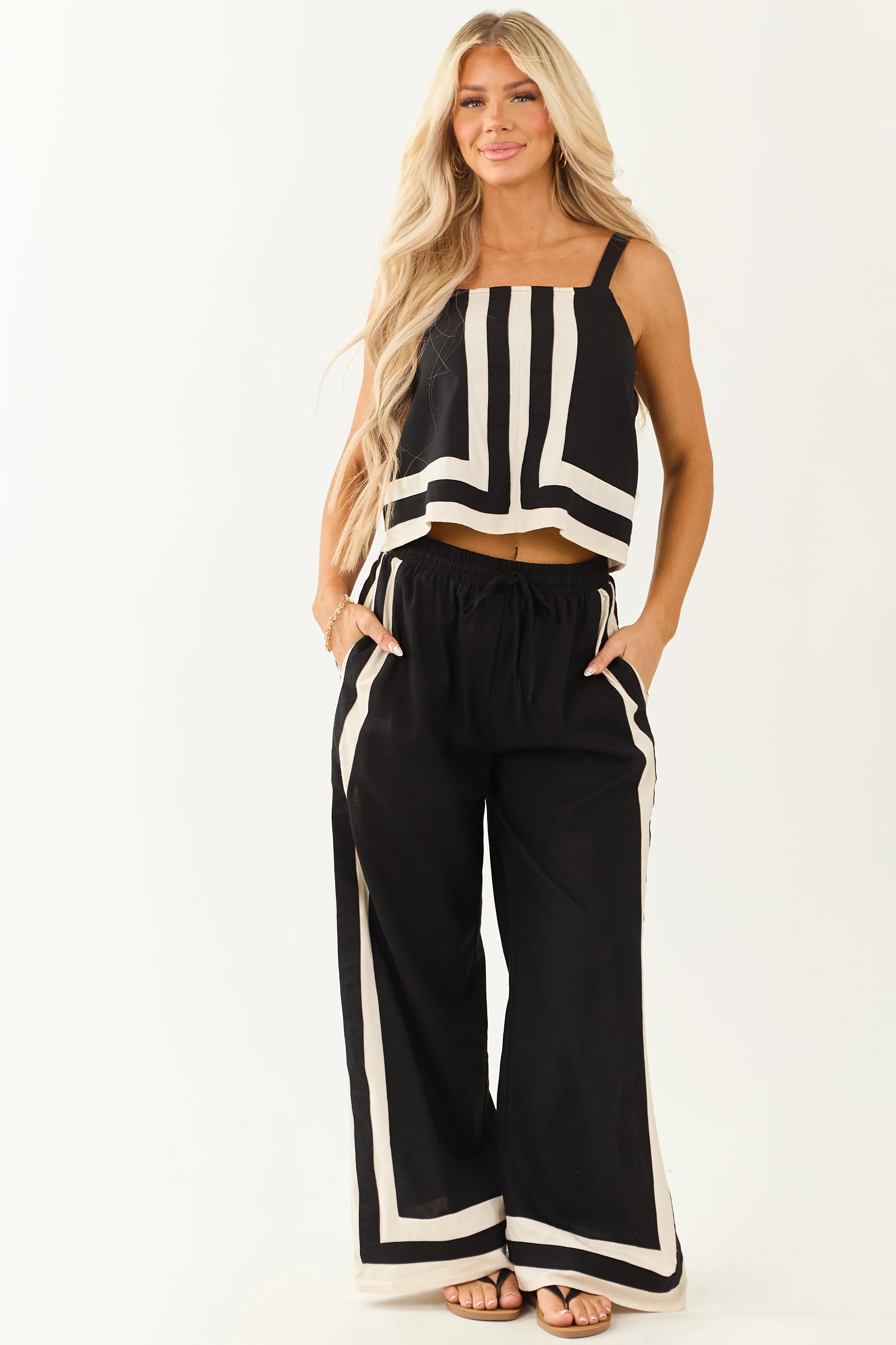 Entro Black Contrast Stripe Linen Blend Tank Top - Image 3