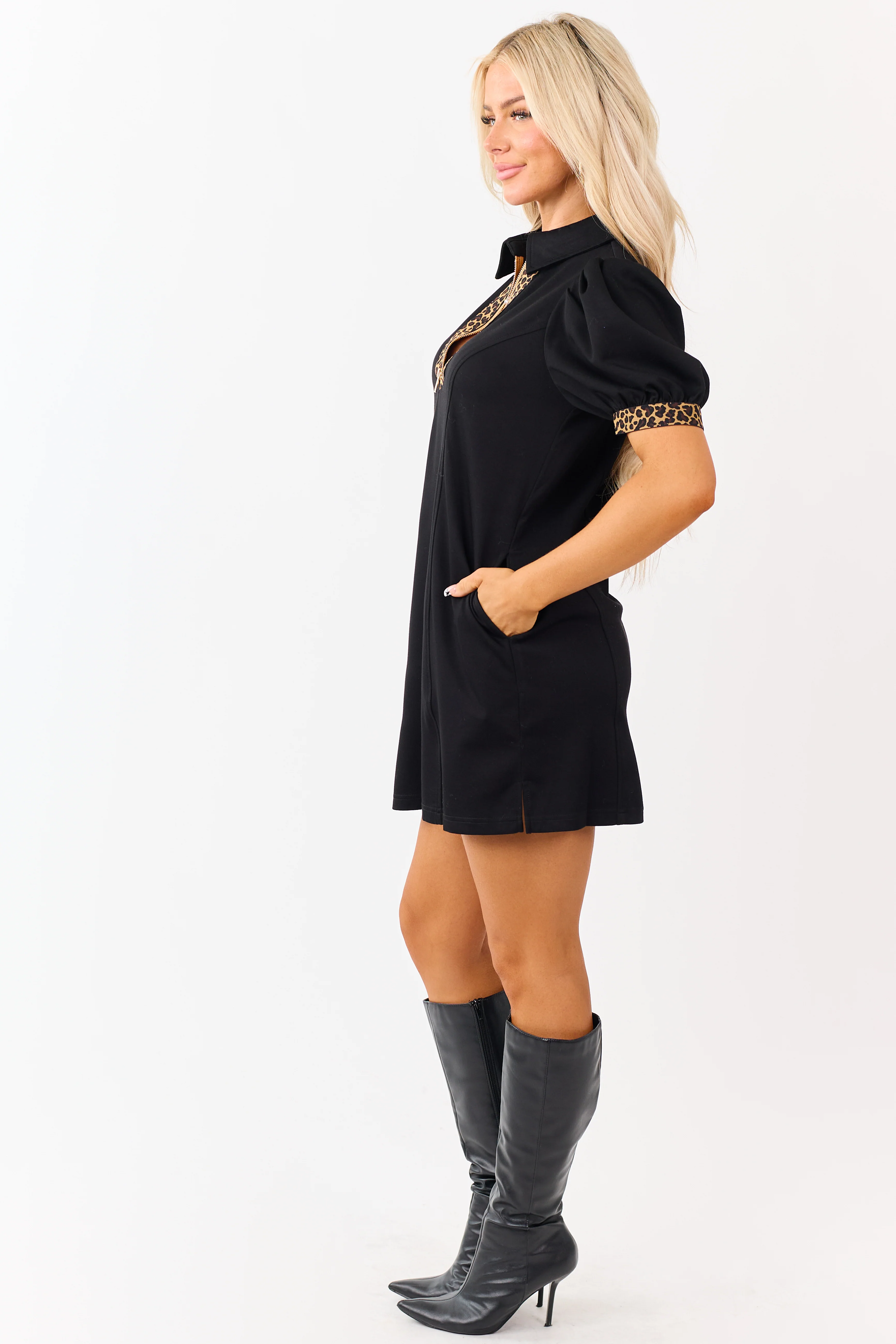 Entro Black Leopard Trim Quarter Zip Mini Dress - Image 4