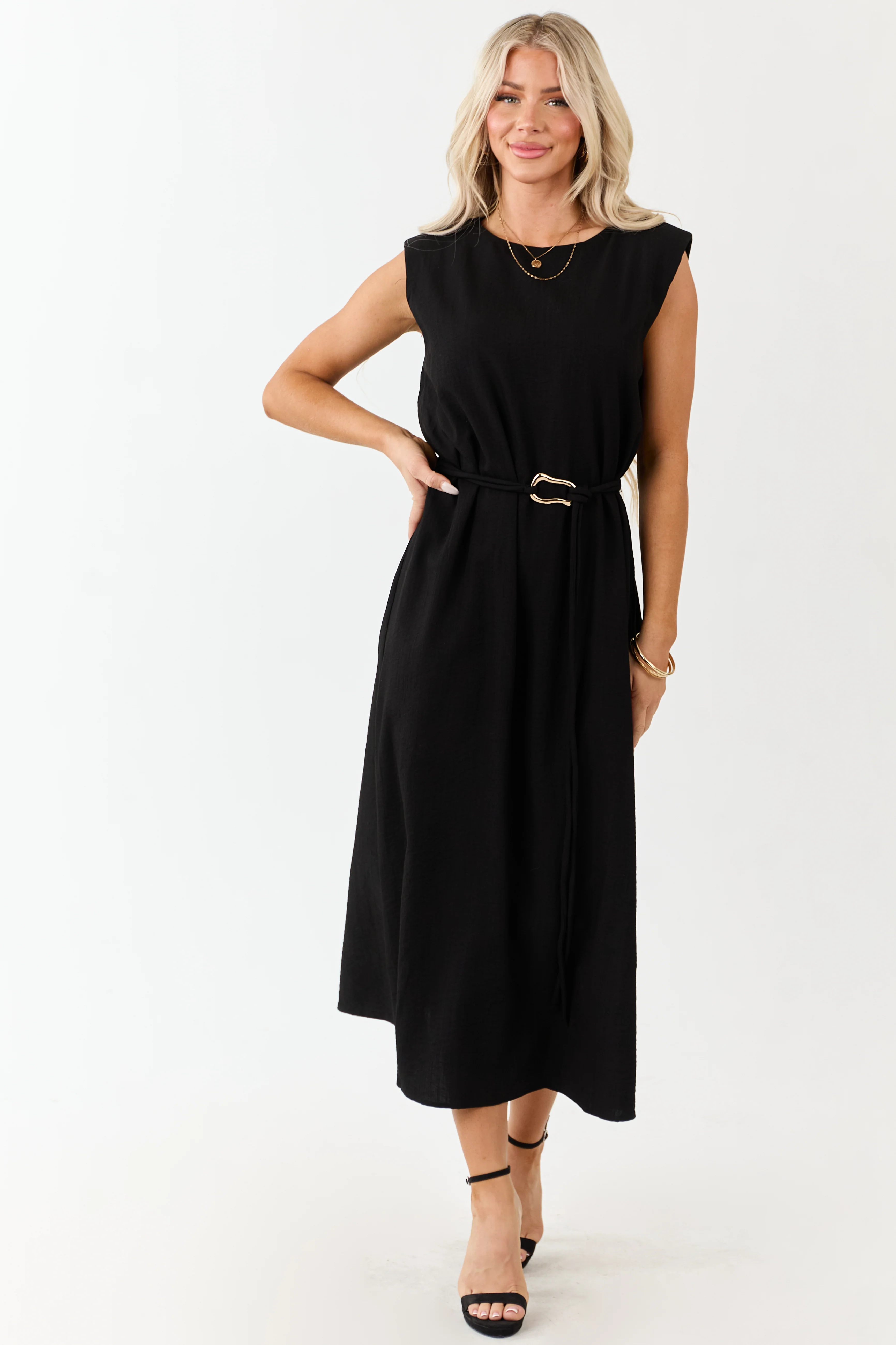 Entro Black Sleeveless Belt Tie Midi Dress - Image 2