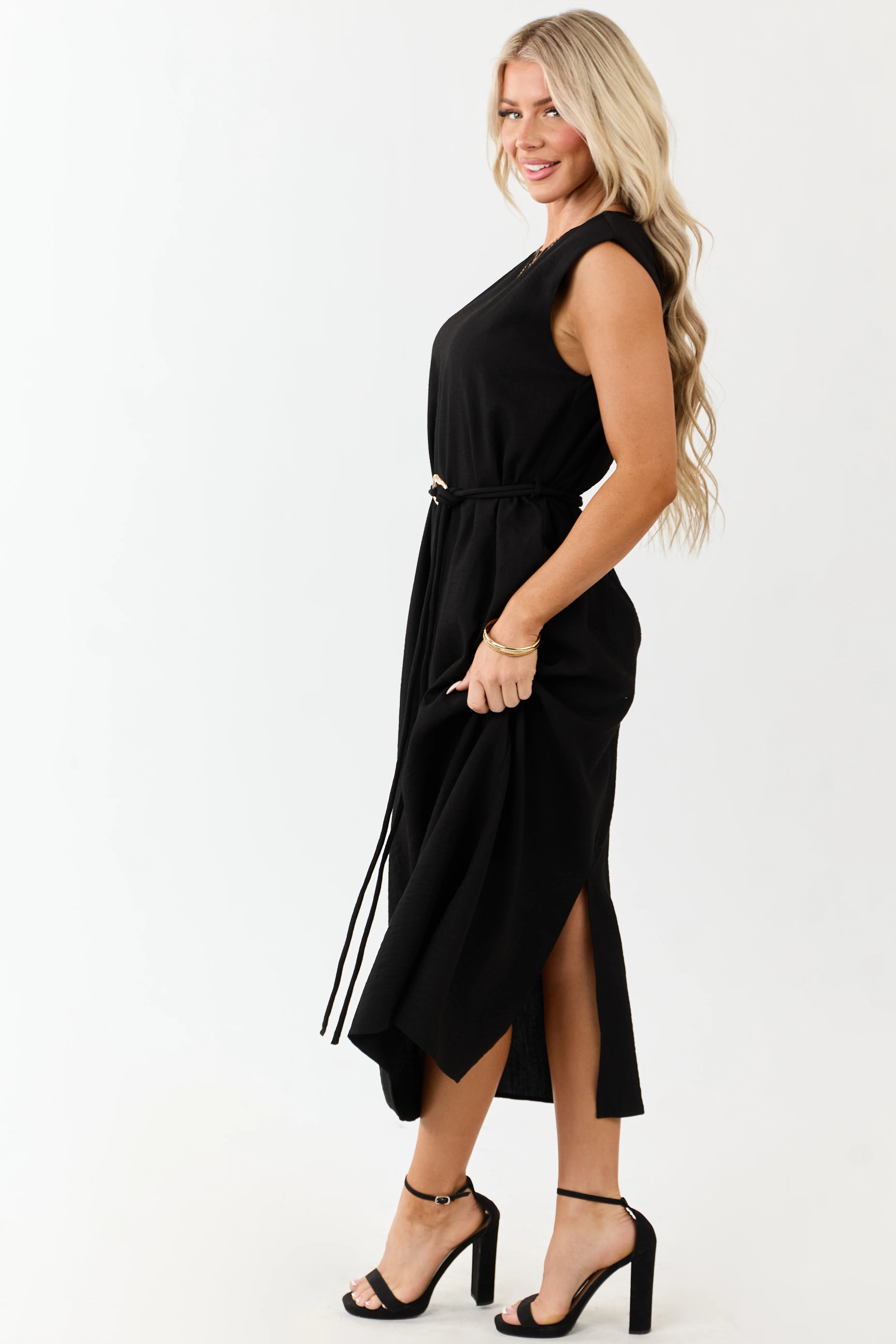 Entro Black Sleeveless Belt Tie Midi Dress - Image 4