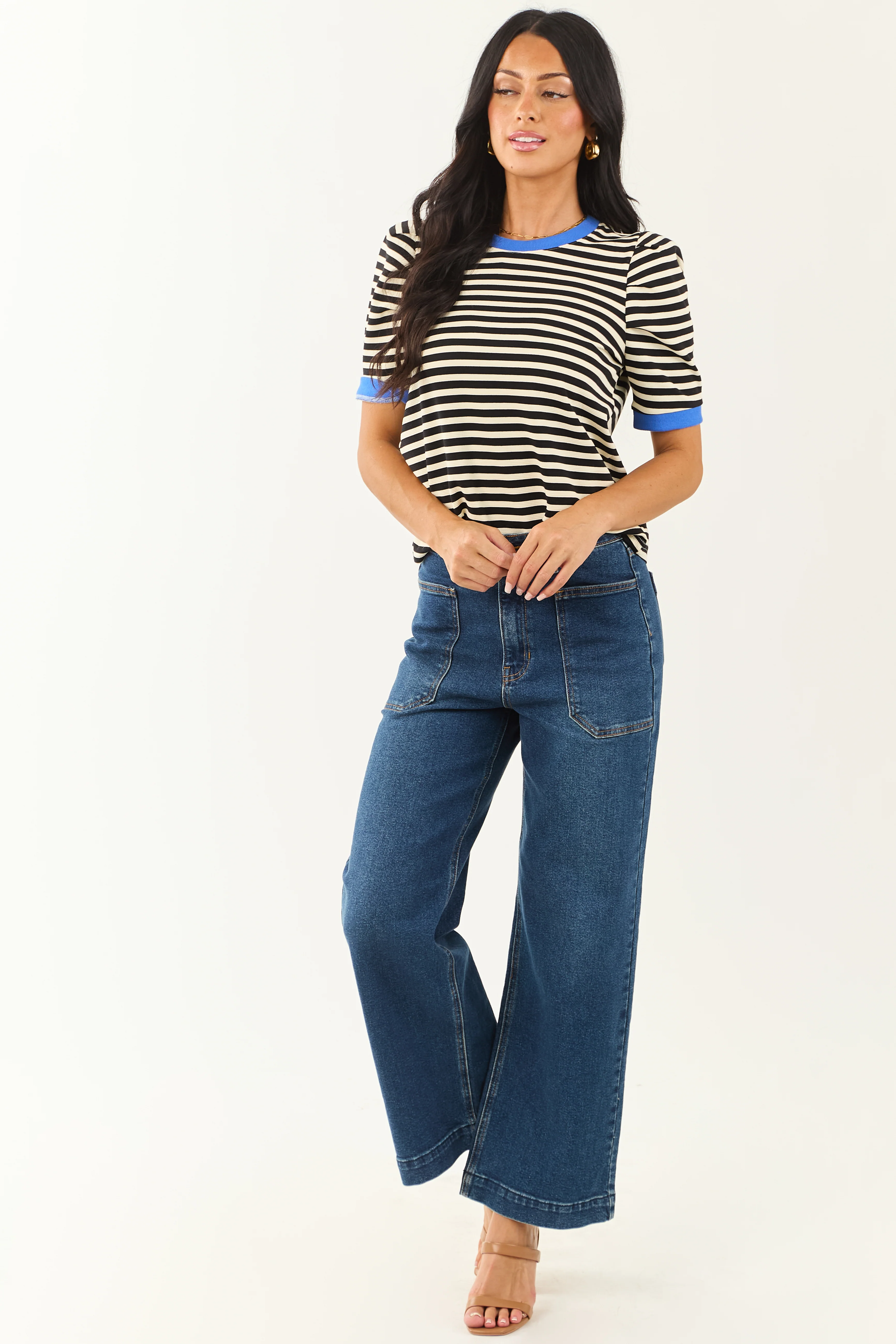 Entro Black Striped Contrast Trim Short Sleeve Top - Image 2