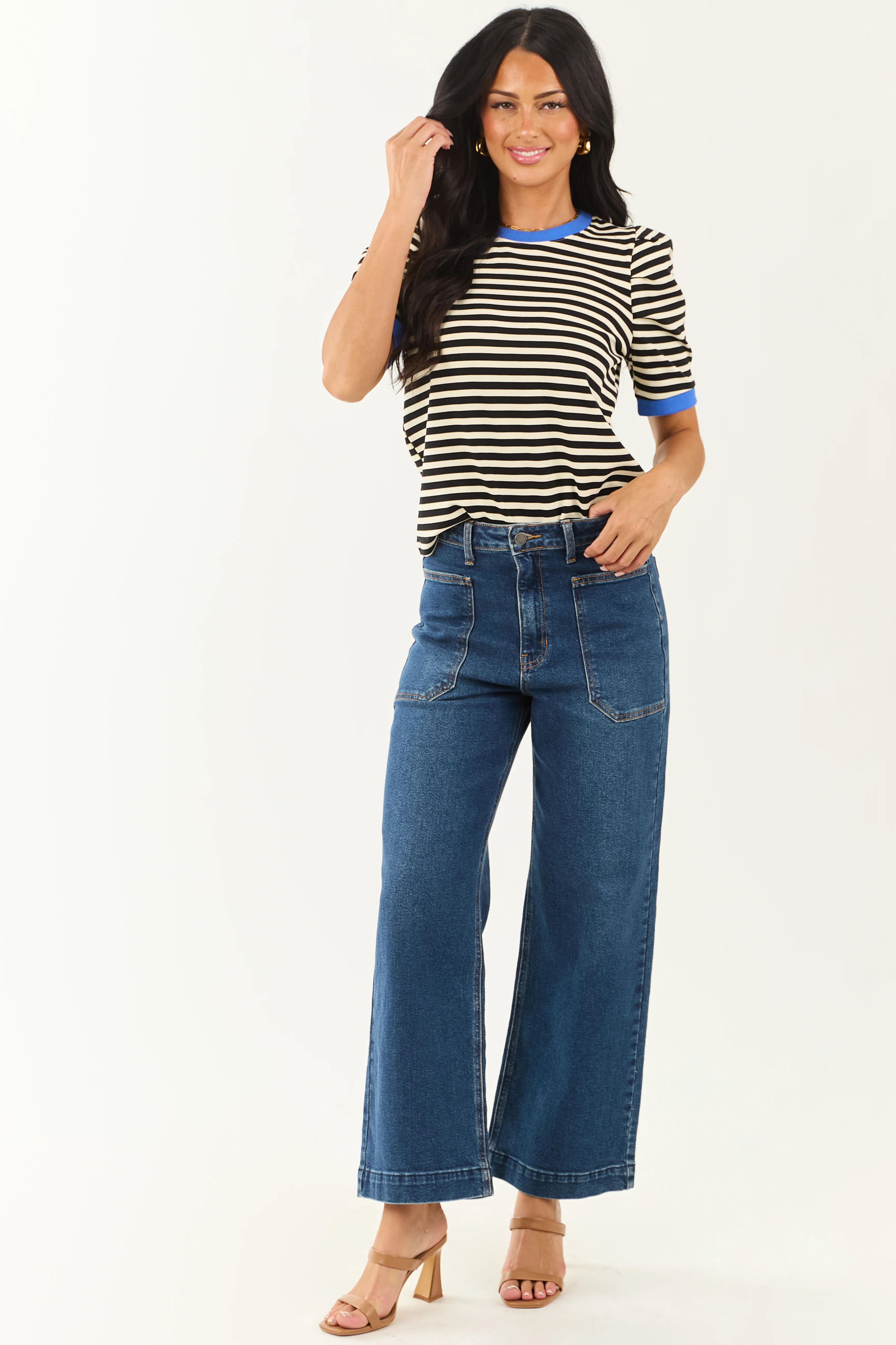 Entro Black Striped Contrast Trim Short Sleeve Top - Image 3