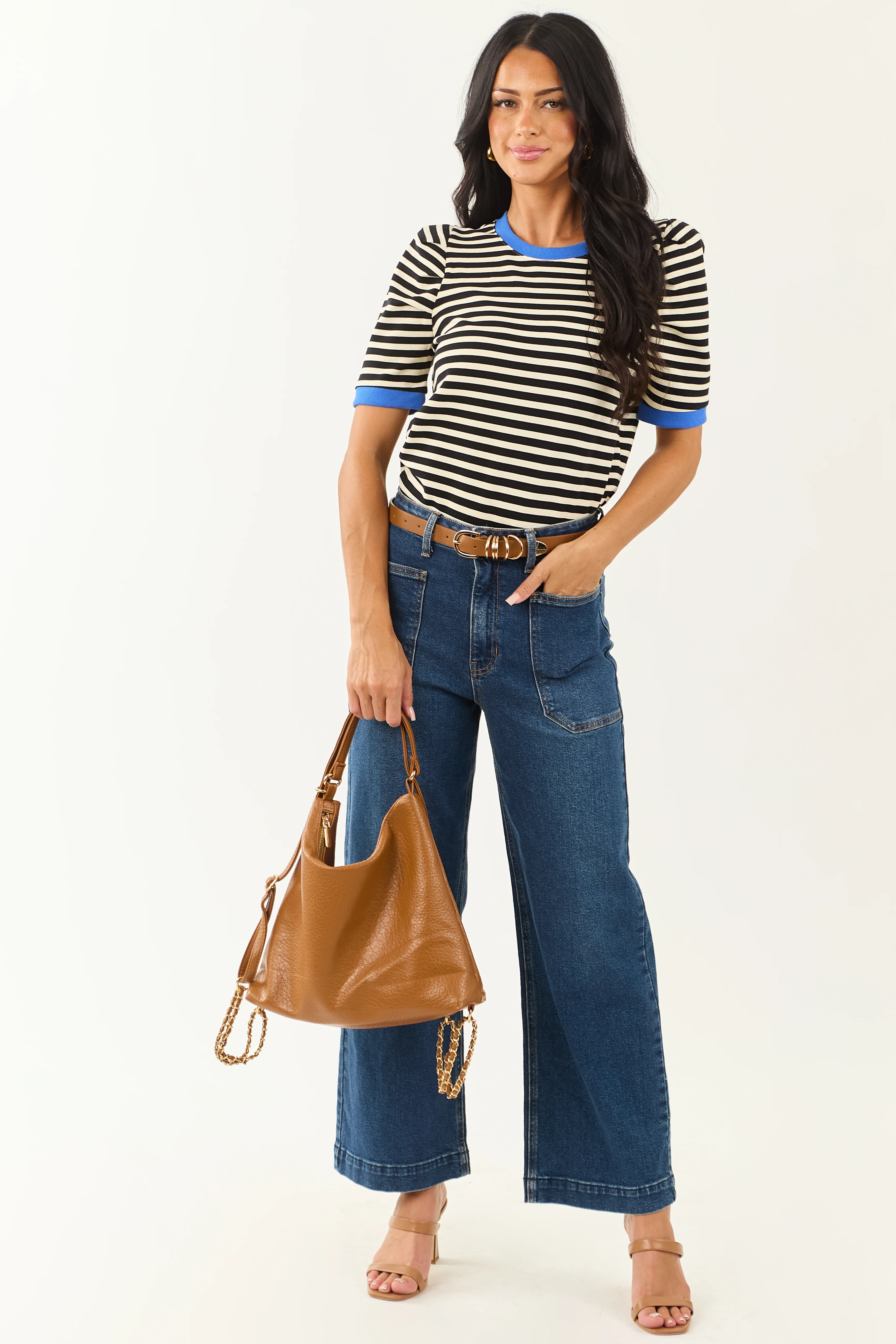 Entro Black Striped Contrast Trim Short Sleeve Top - Image 4