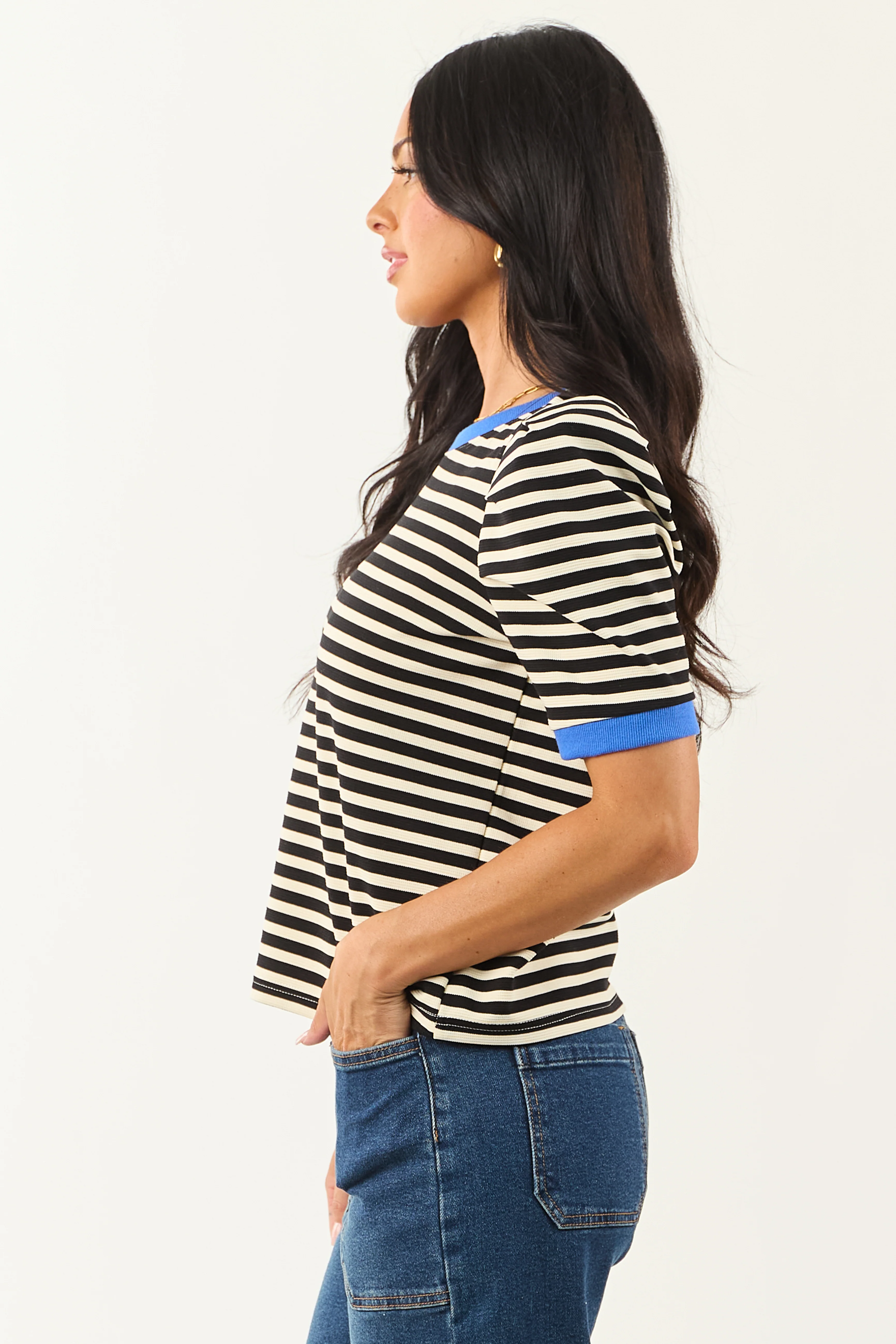 Entro Black Striped Contrast Trim Short Sleeve Top - Image 5