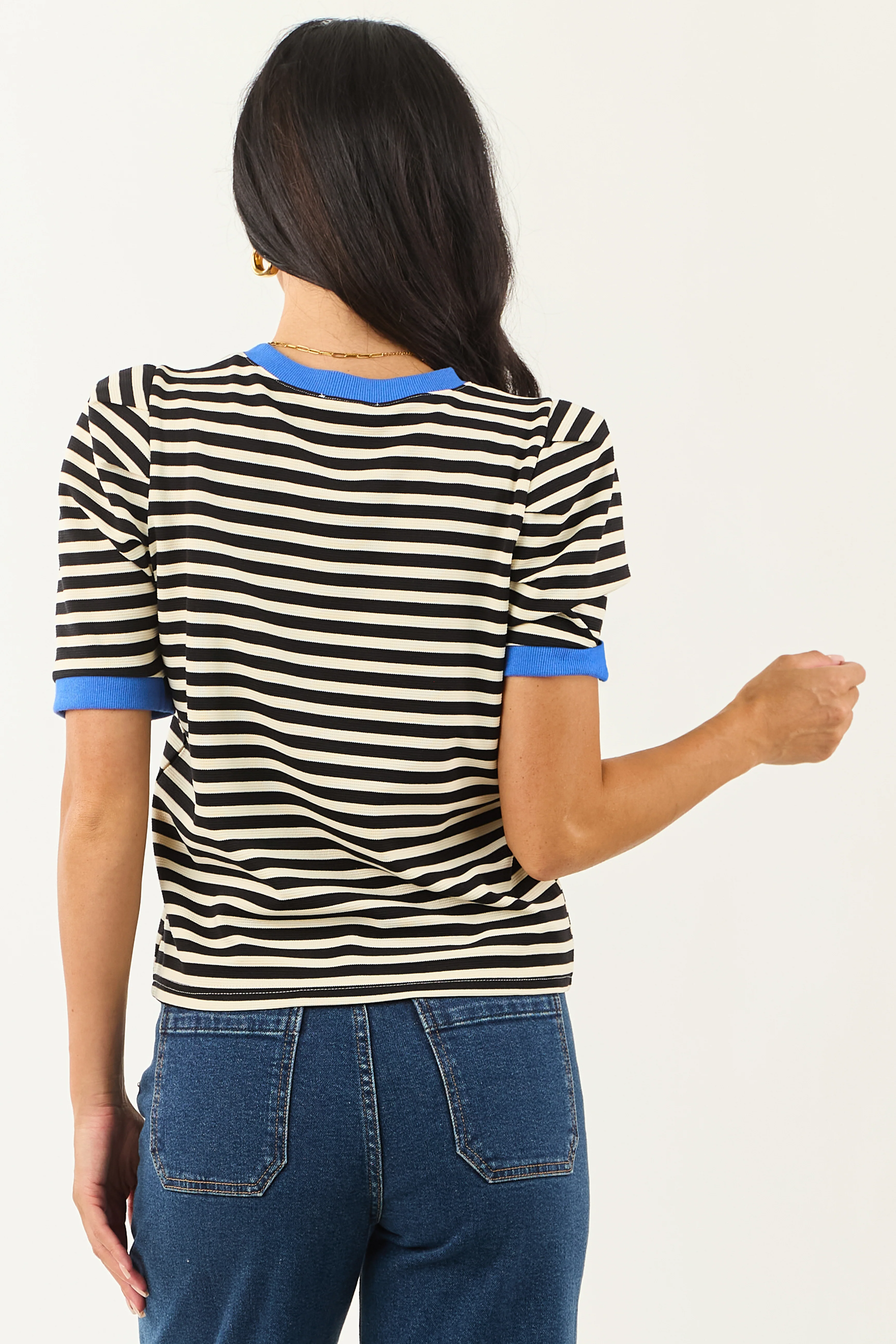 Entro Black Striped Contrast Trim Short Sleeve Top - Image 6