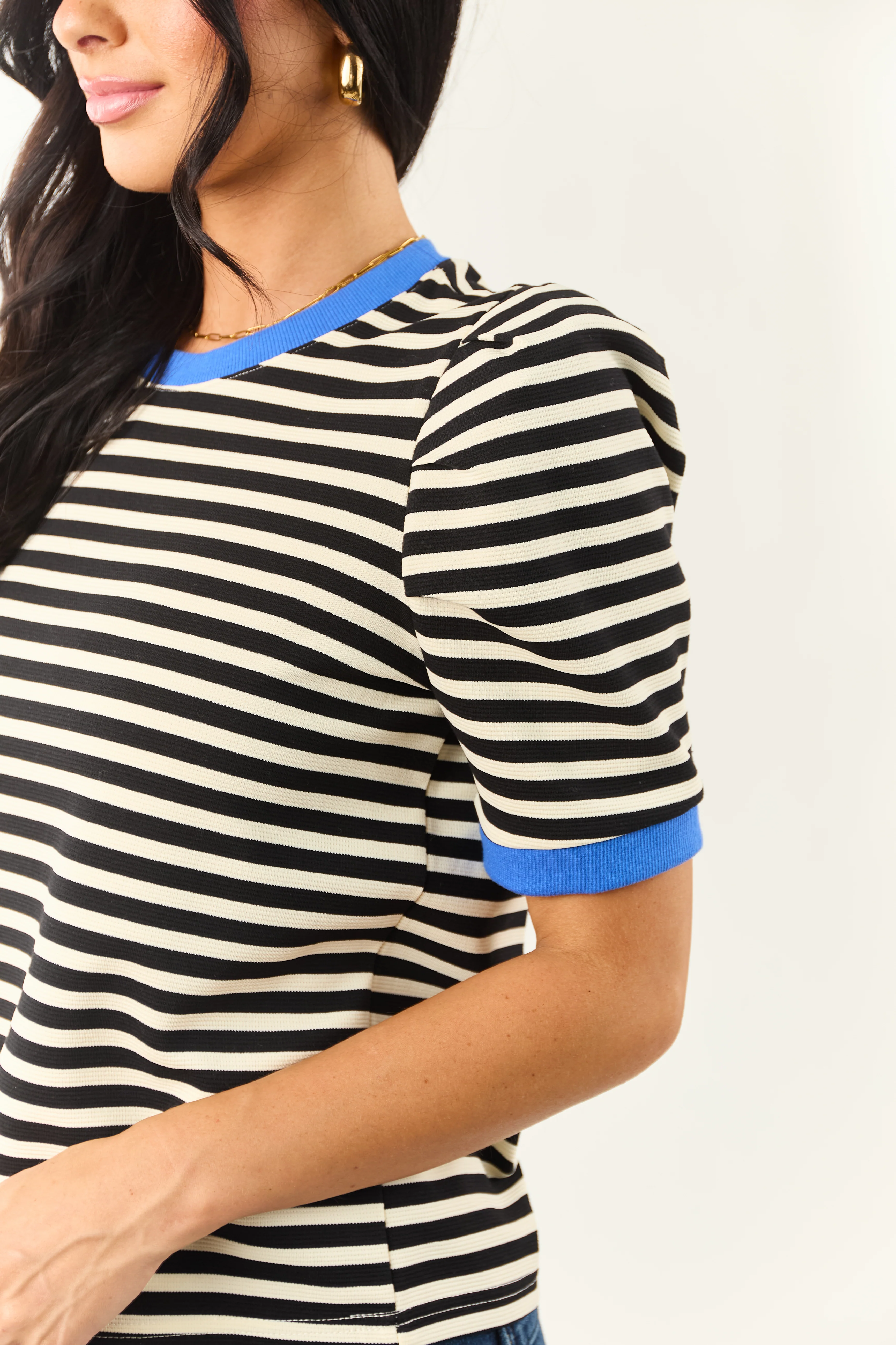 Entro Black Striped Contrast Trim Short Sleeve Top - Image 7