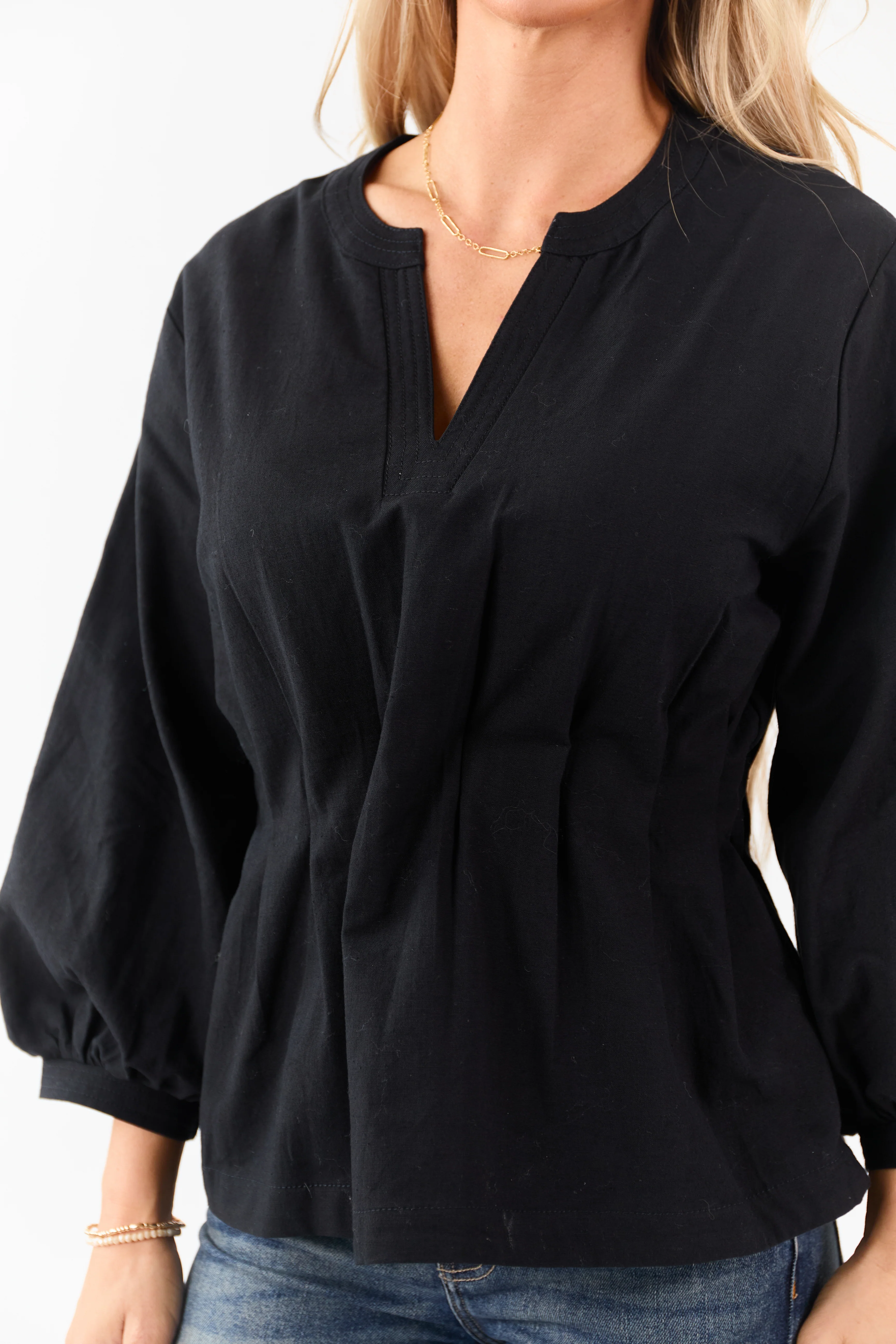 Entro Black V-Neck Long Sleeve Pleated Top - Image 6