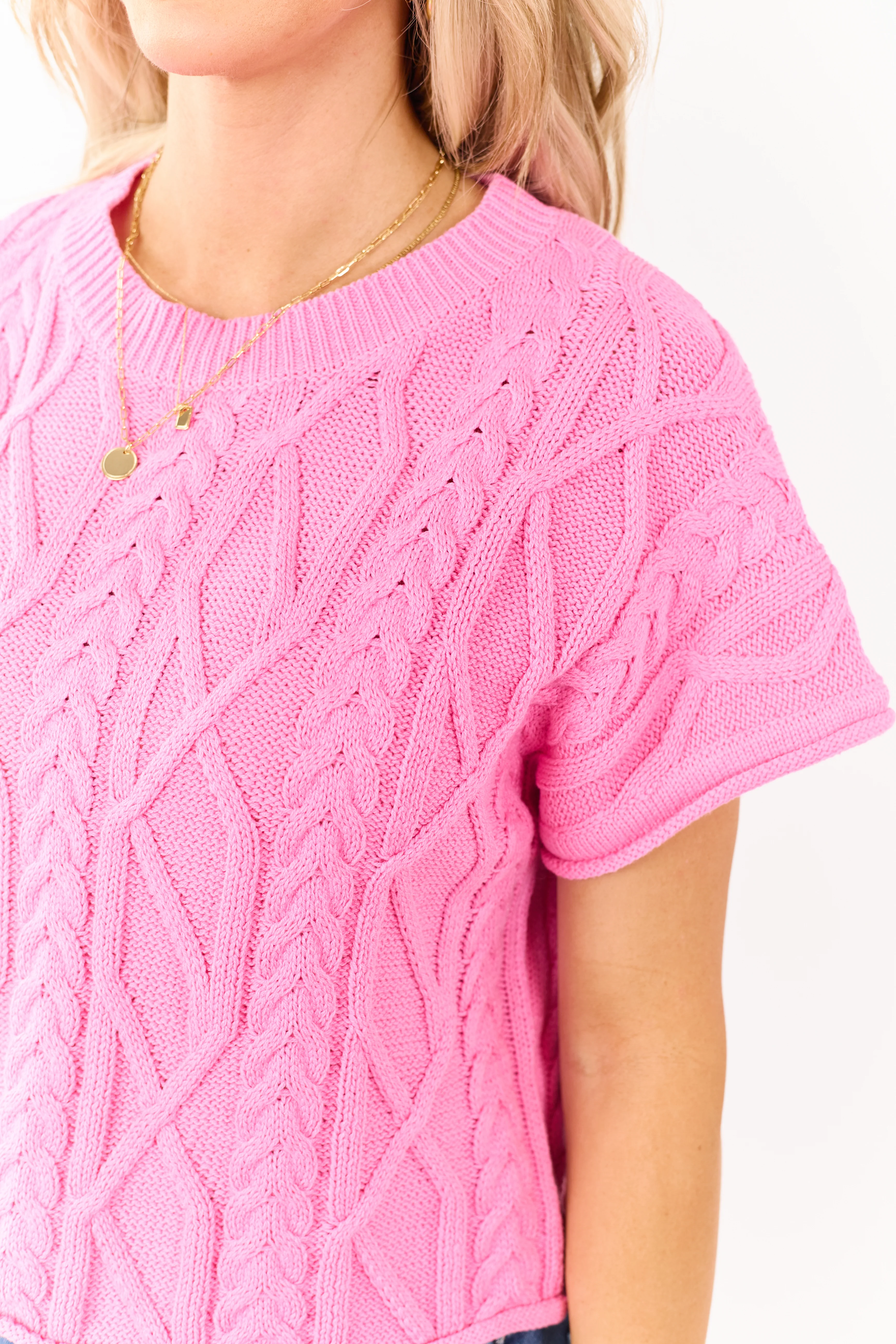 Entro Bubblegum Short Sleeve Cable Knit Sweater Top - Image 6
