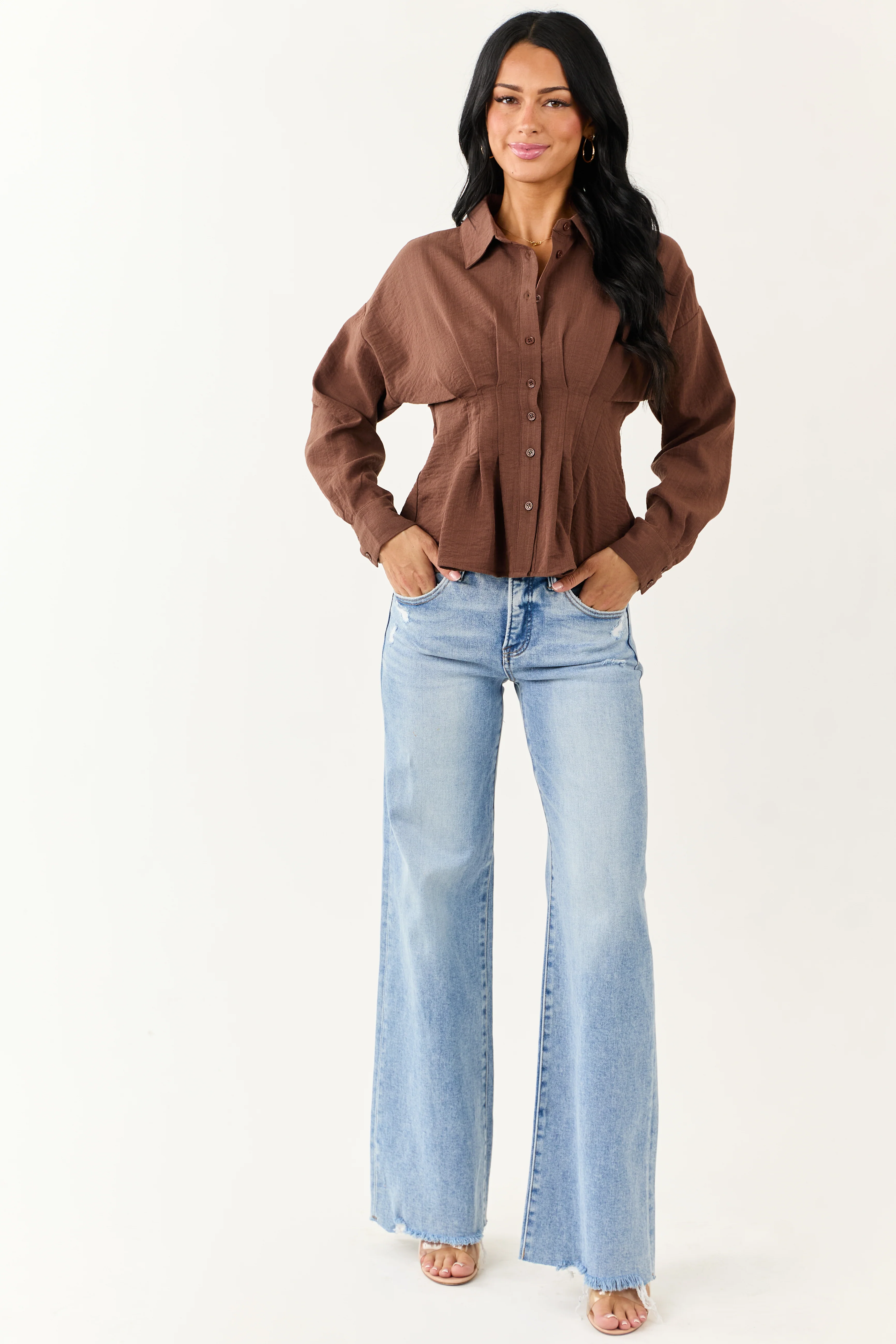Entro Cocoa Button Down Long Sleeve Pleated Top - Image 3
