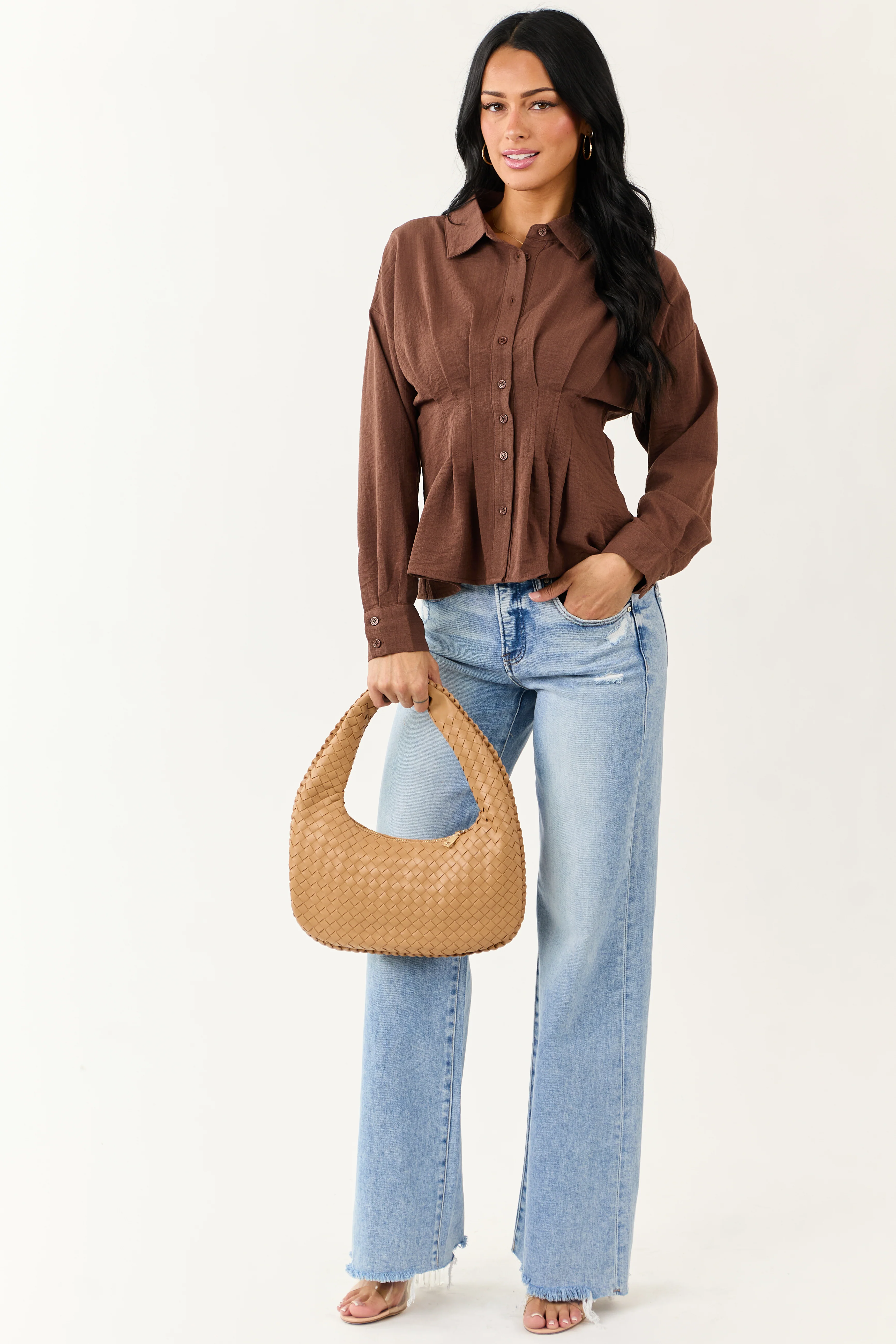 Entro Cocoa Button Down Long Sleeve Pleated Top - Image 4