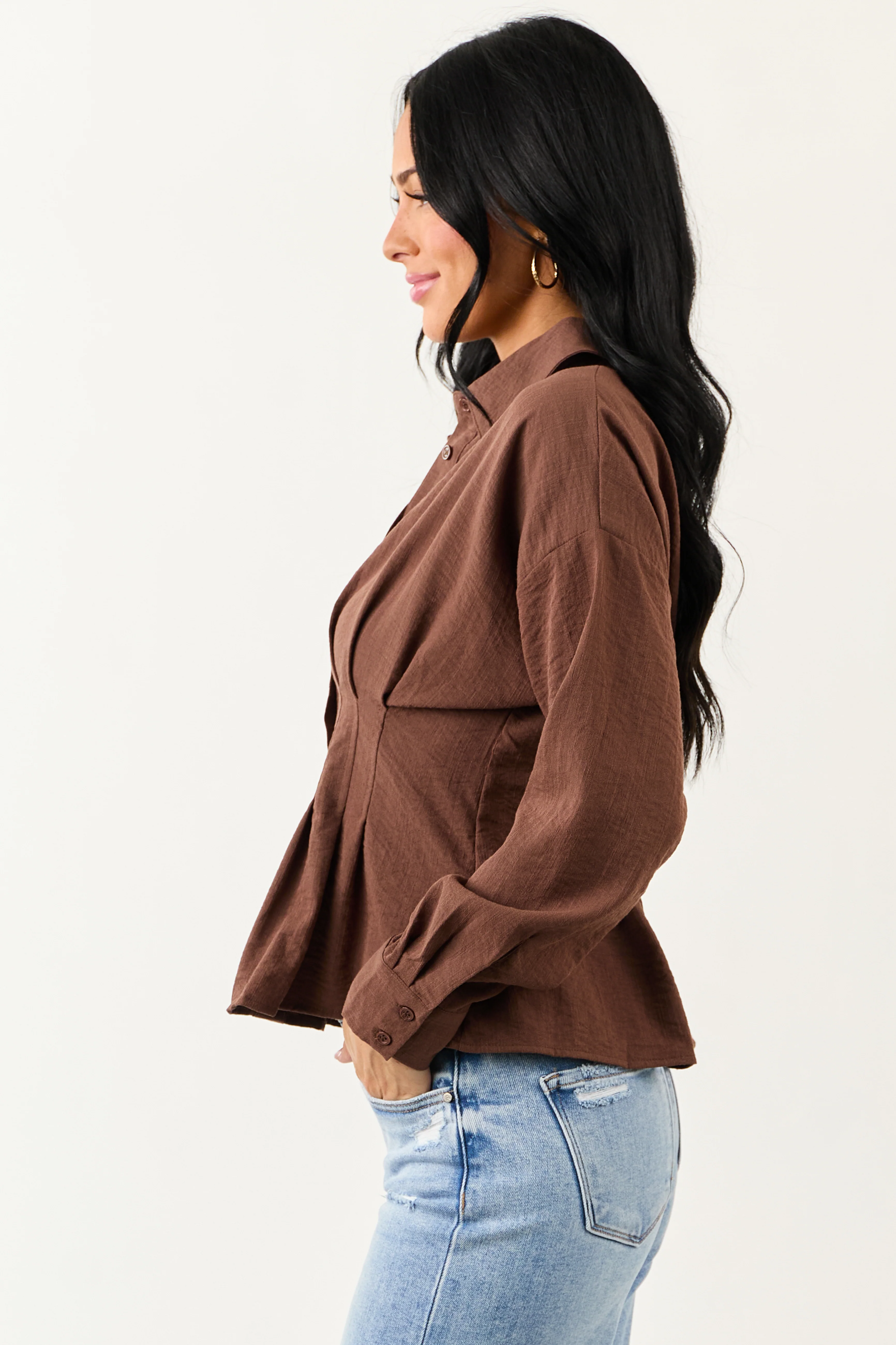 Entro Cocoa Button Down Long Sleeve Pleated Top - Image 5