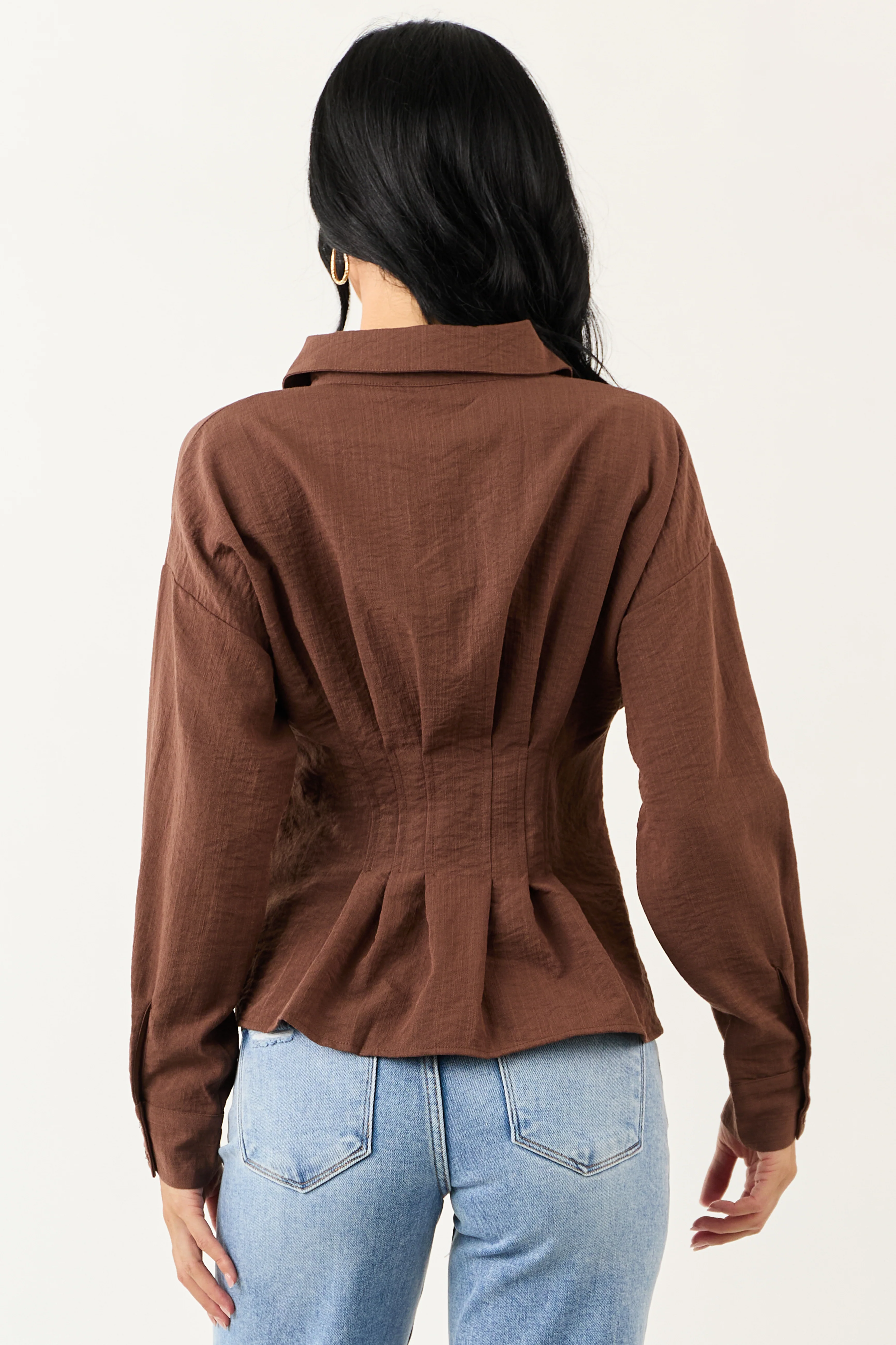 Entro Cocoa Button Down Long Sleeve Pleated Top - Image 6