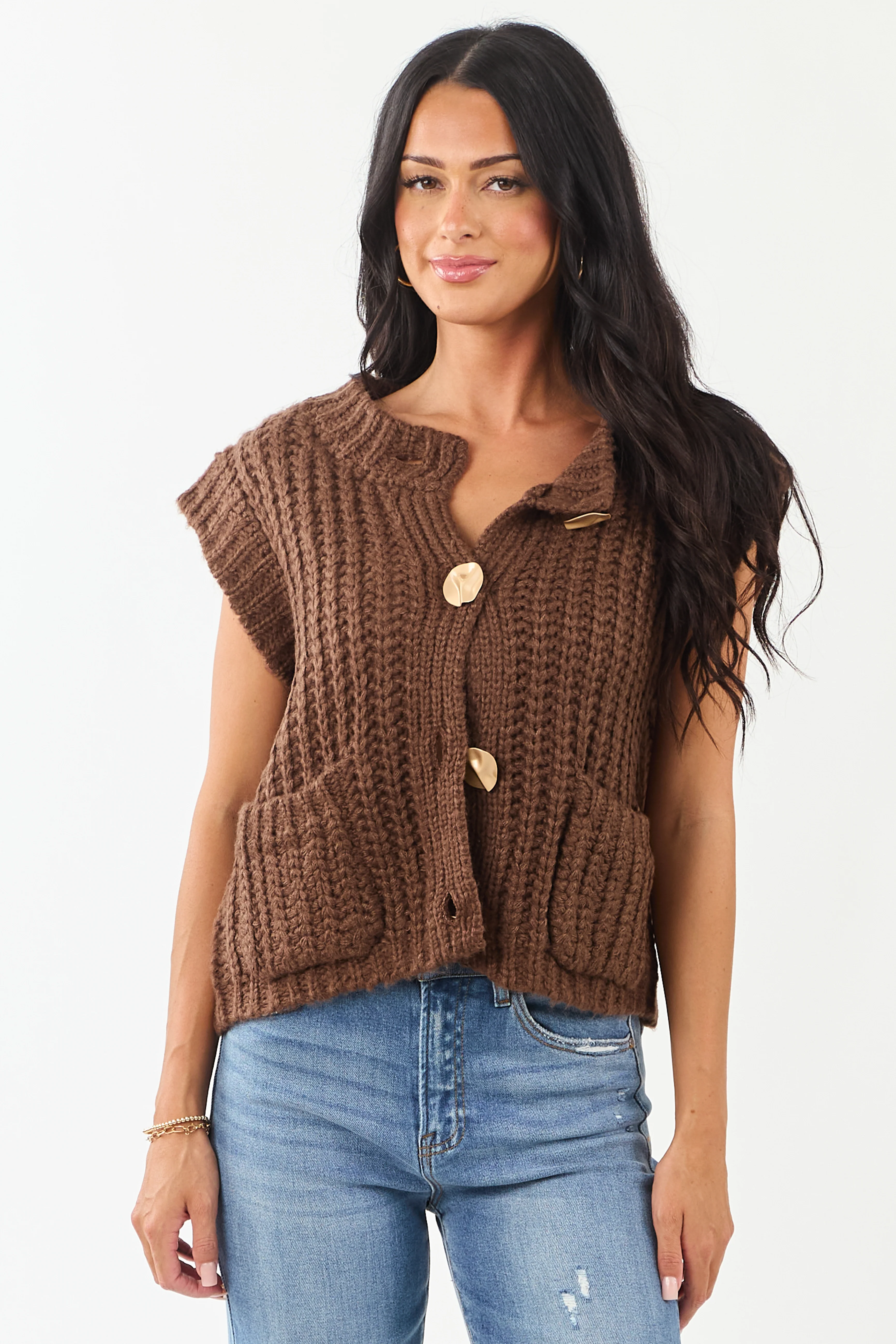 Entro Cocoa Button Down Thick Knit Sweater Vest