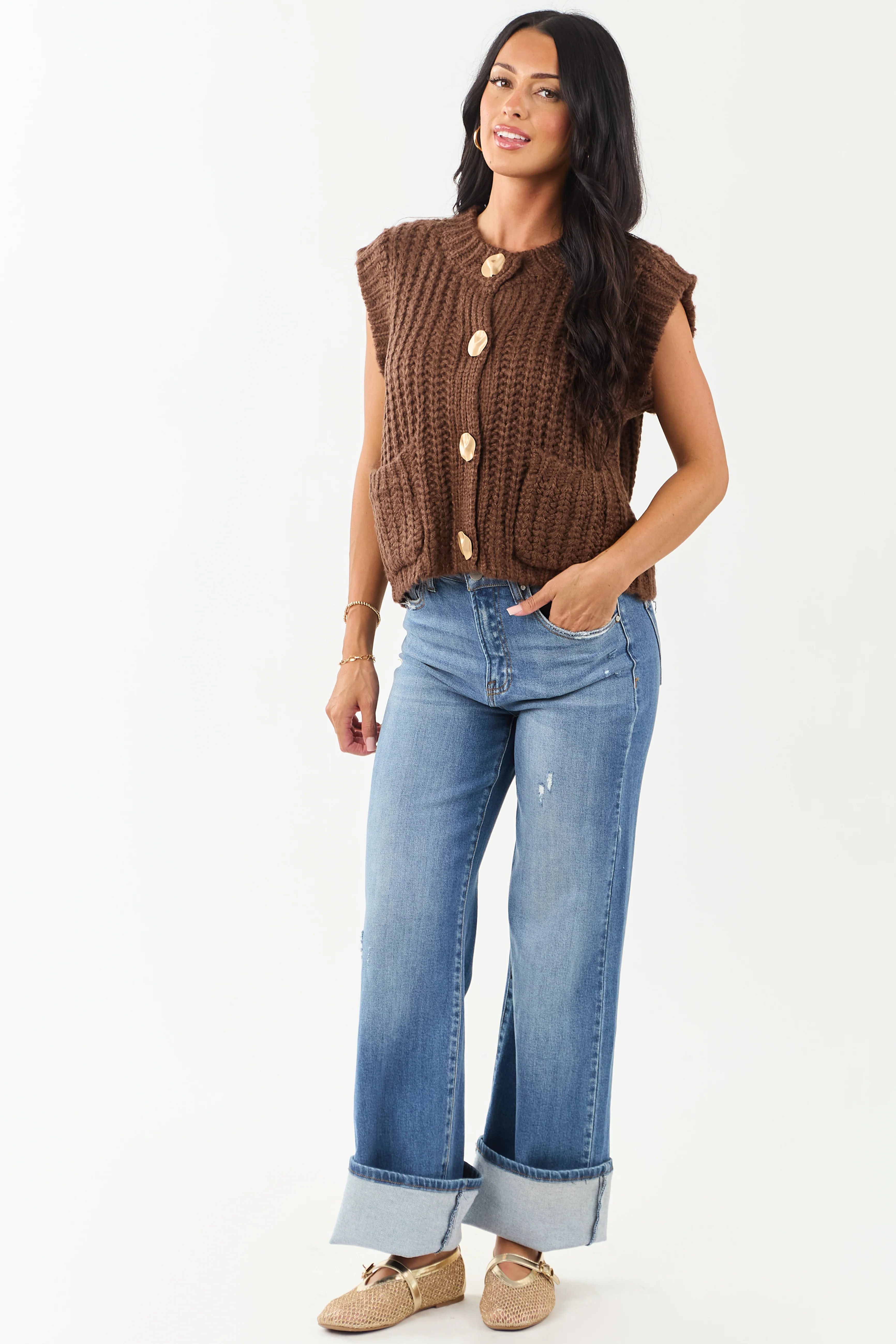 Entro Cocoa Button Down Thick Knit Sweater Vest - Image 2