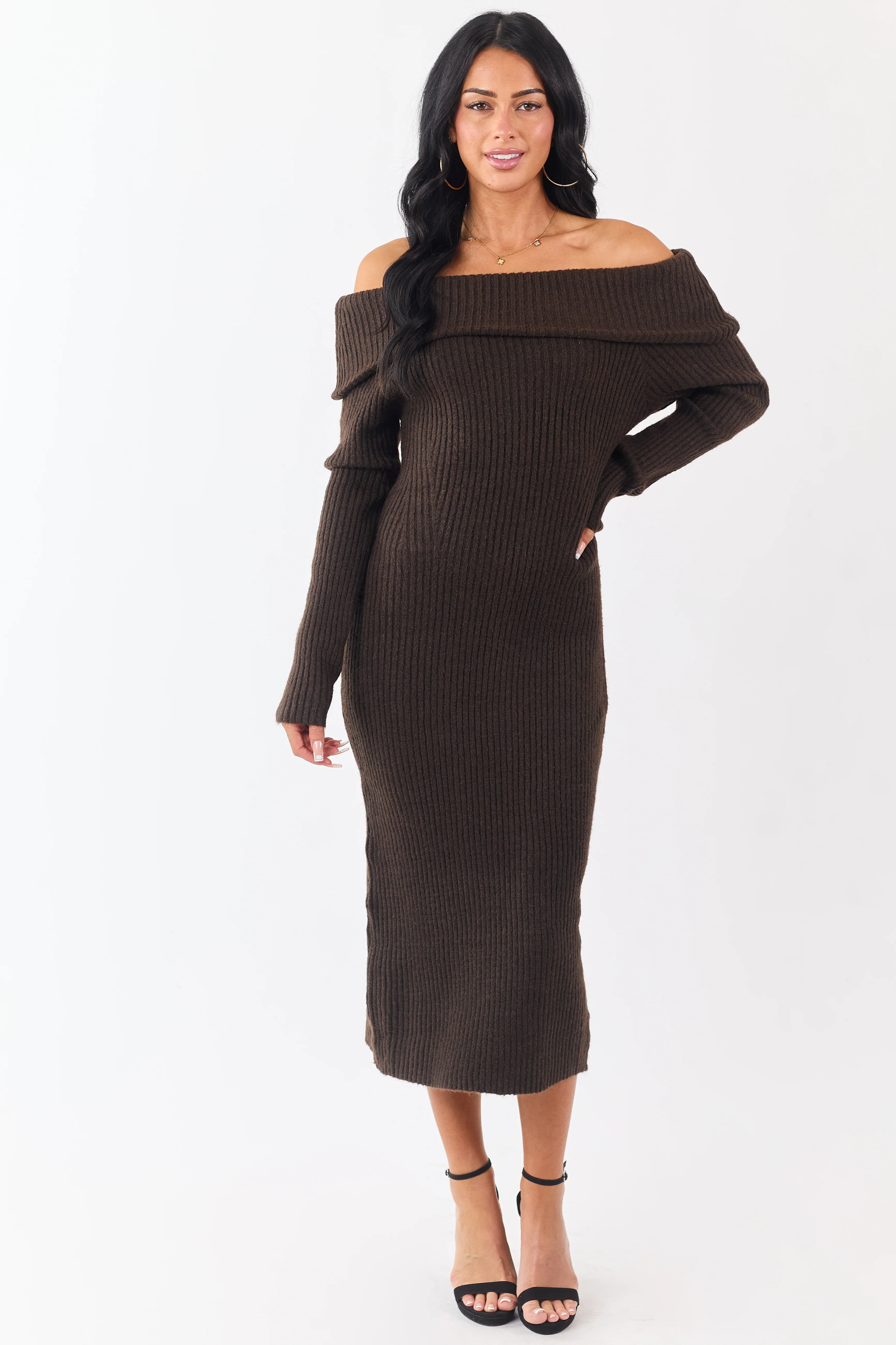 Entro Cocoa Ribbed Knit Off Shoulder Midi Dress - Image 3