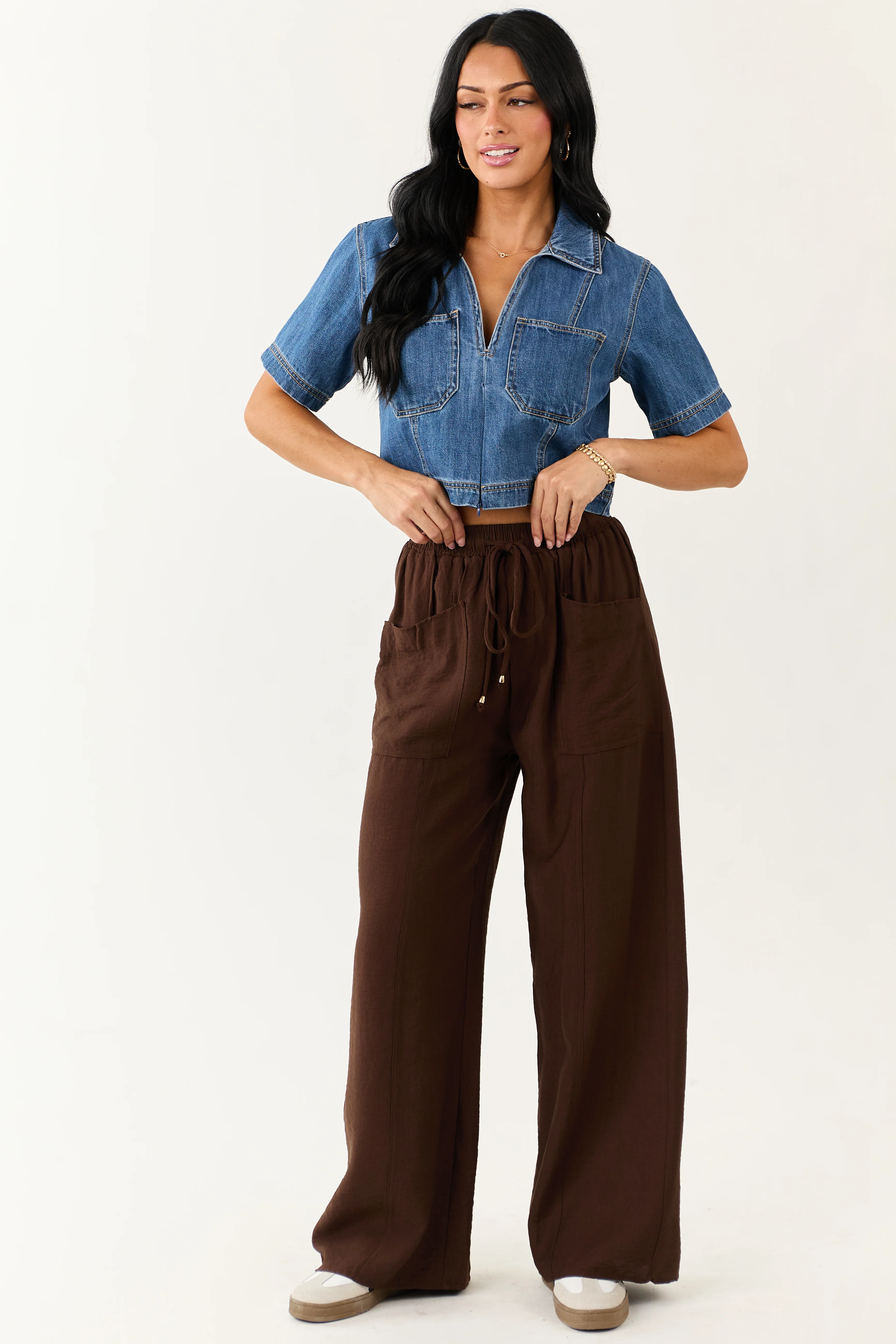 Entro Cocoa Smocked High Rise Wide Leg Pants - Image 5