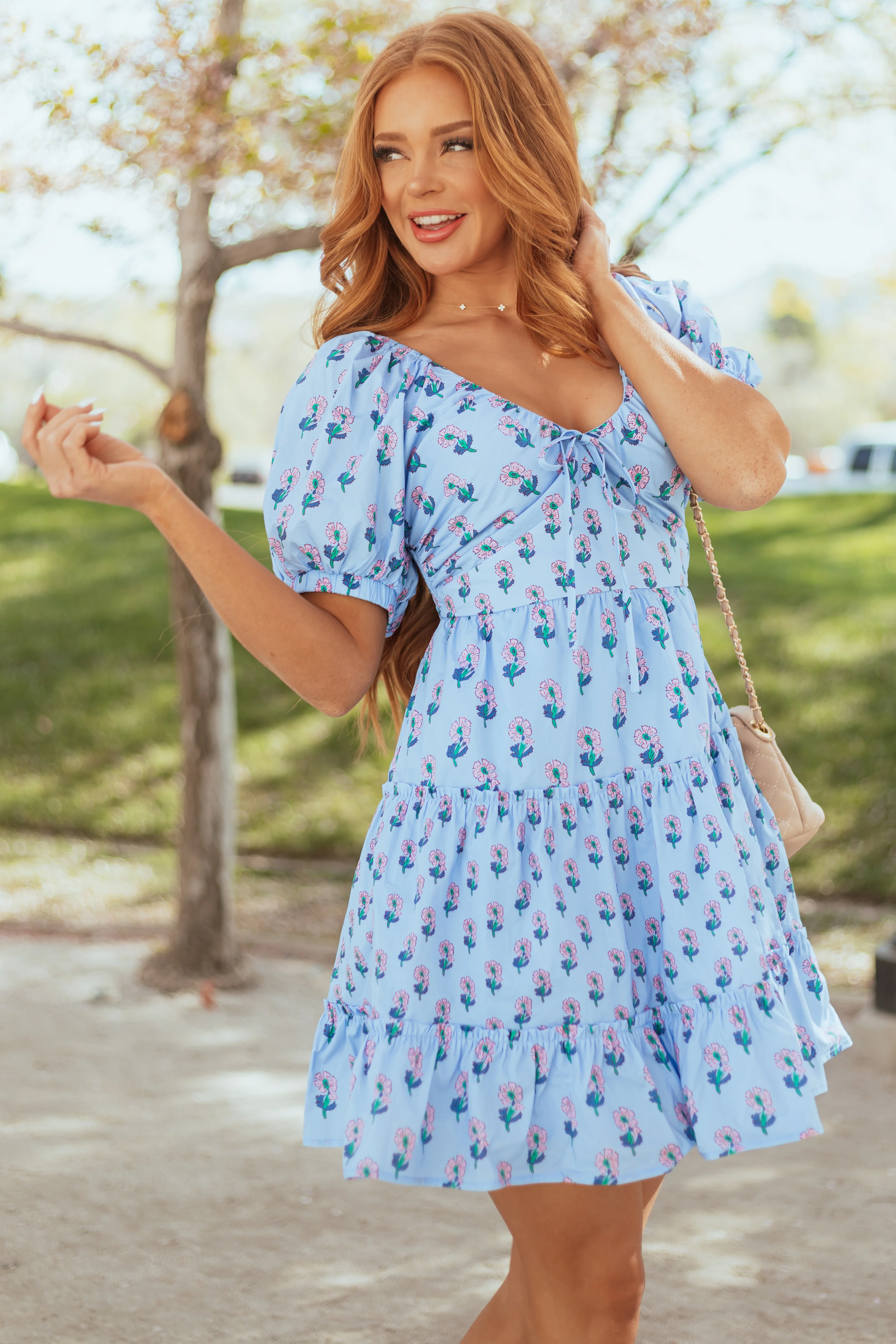 Entro Cornflower Floral Puff Sleeve Tiered Dress - Image 2