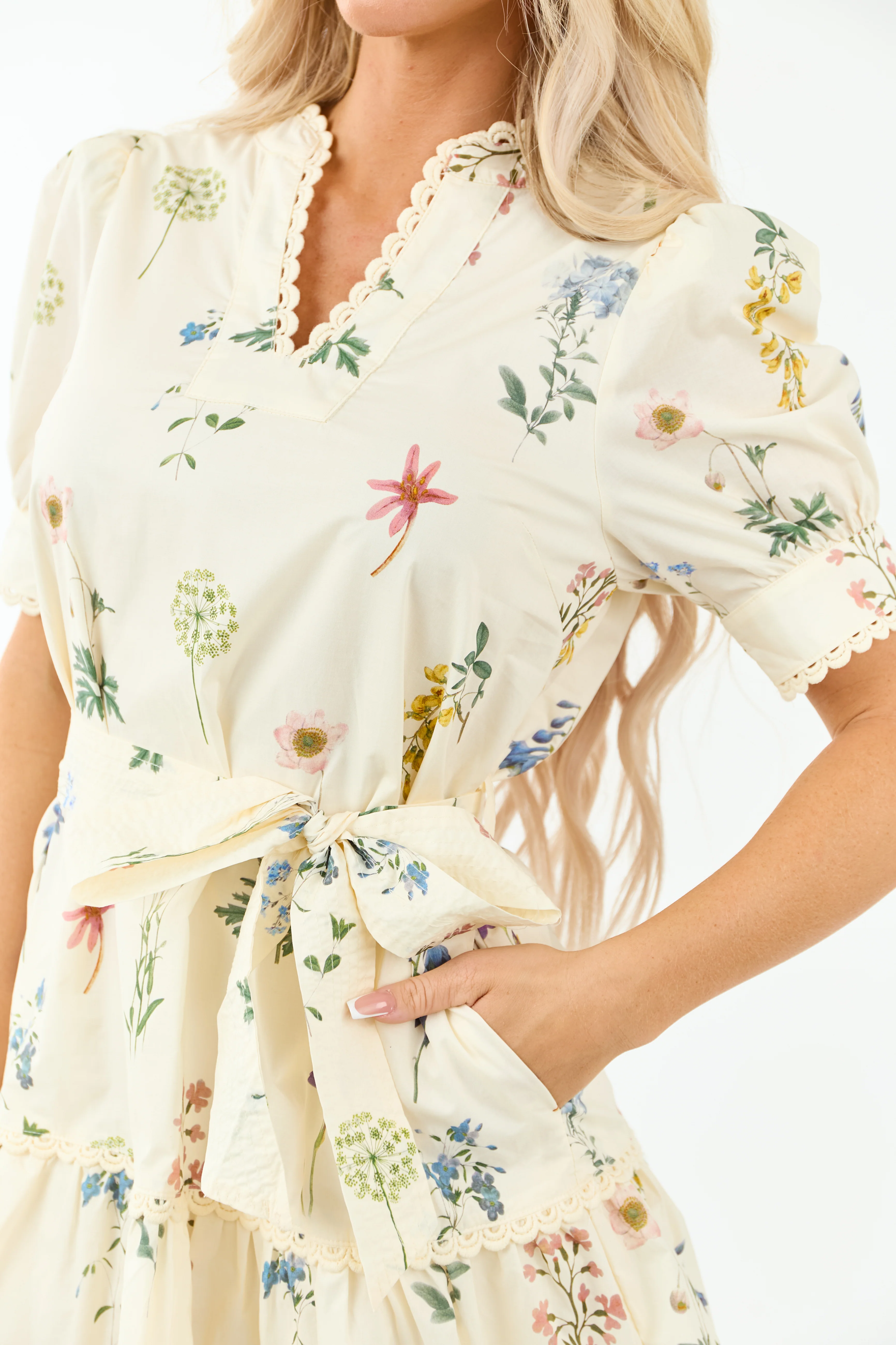 Entro Cream Floral Waist Tie Cotton Mini Dress - Image 2
