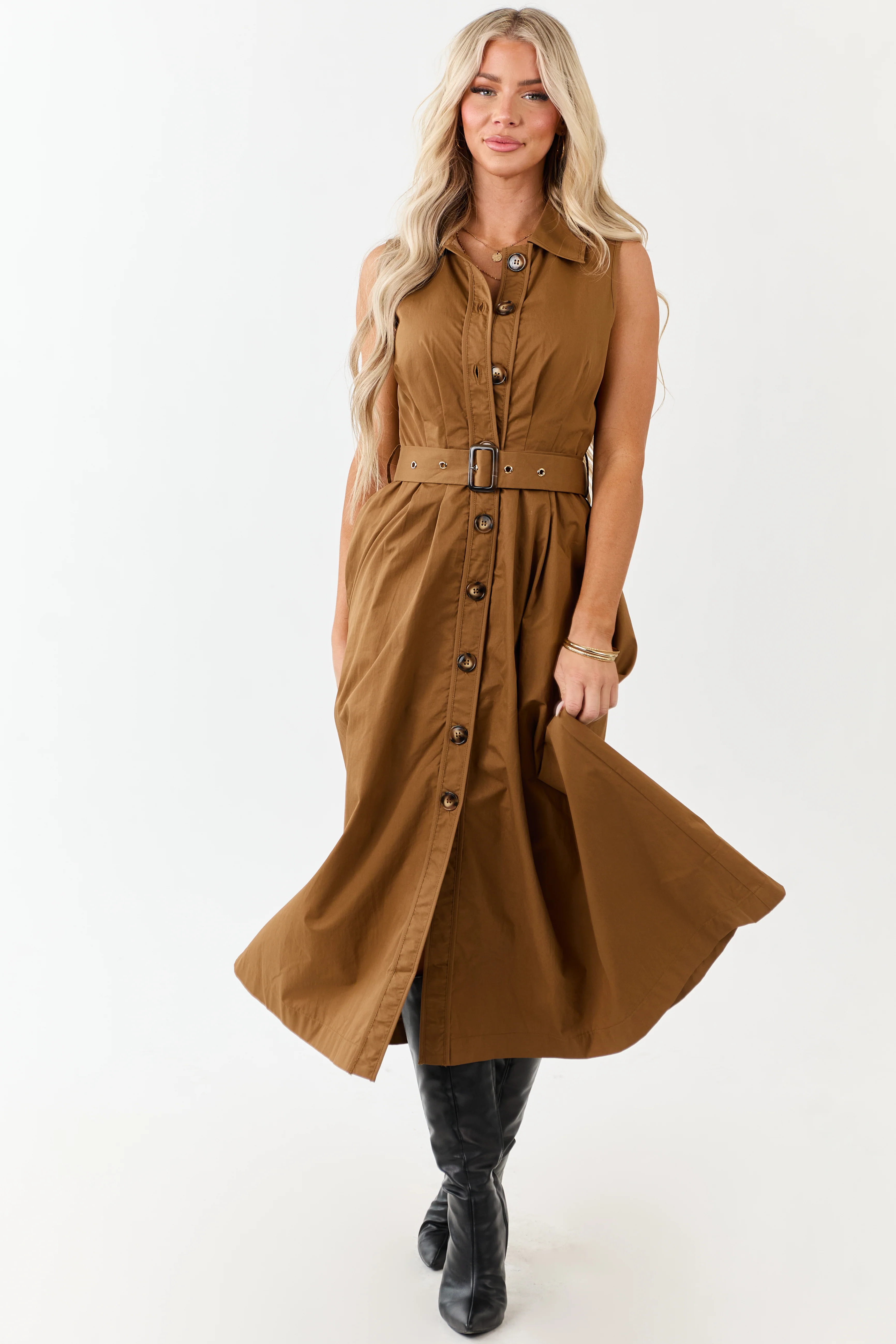 Entro Deep Caramel Button Down Cotton Midi Dress - Image 2