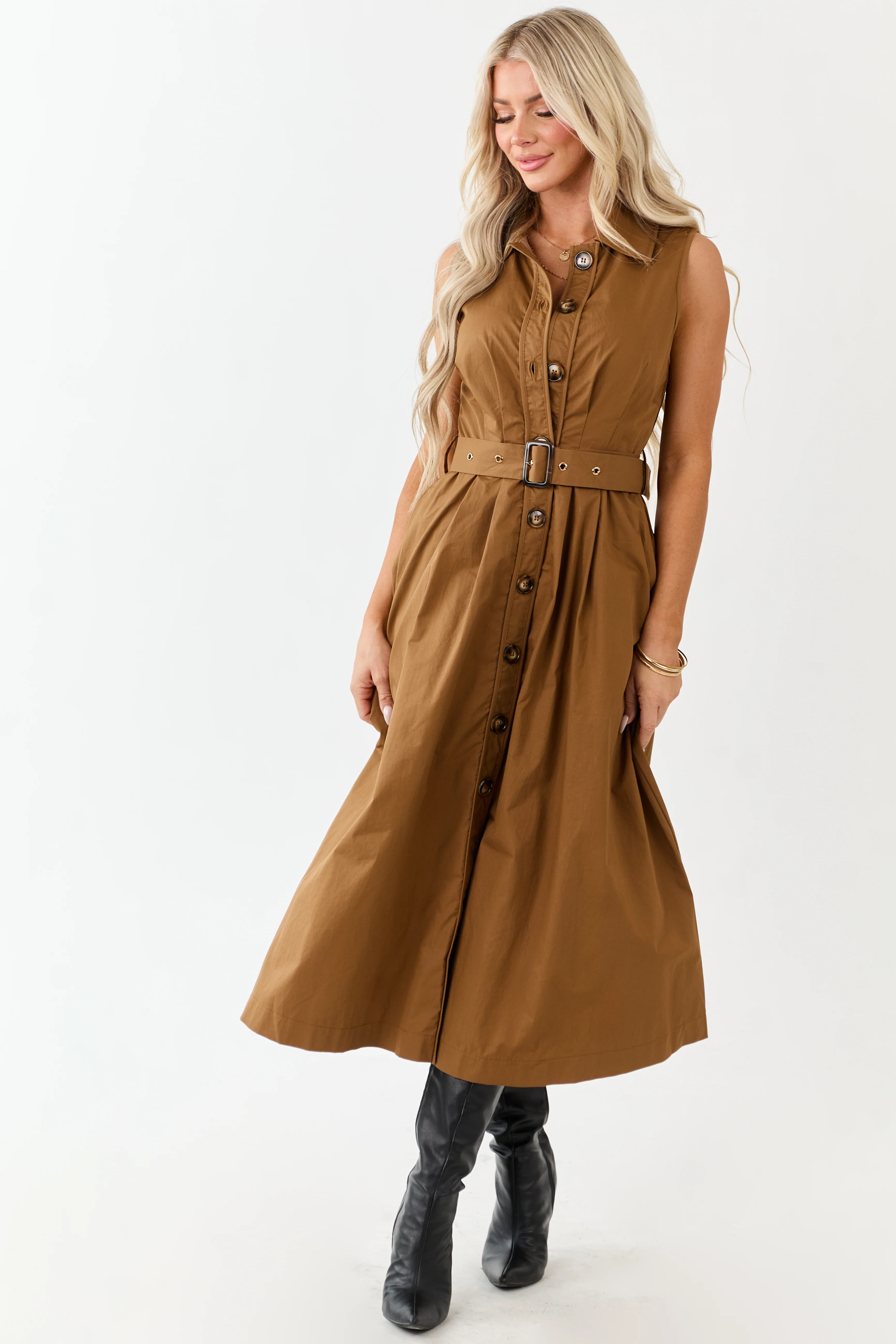 Entro Deep Caramel Button Down Cotton Midi Dress - Image 3