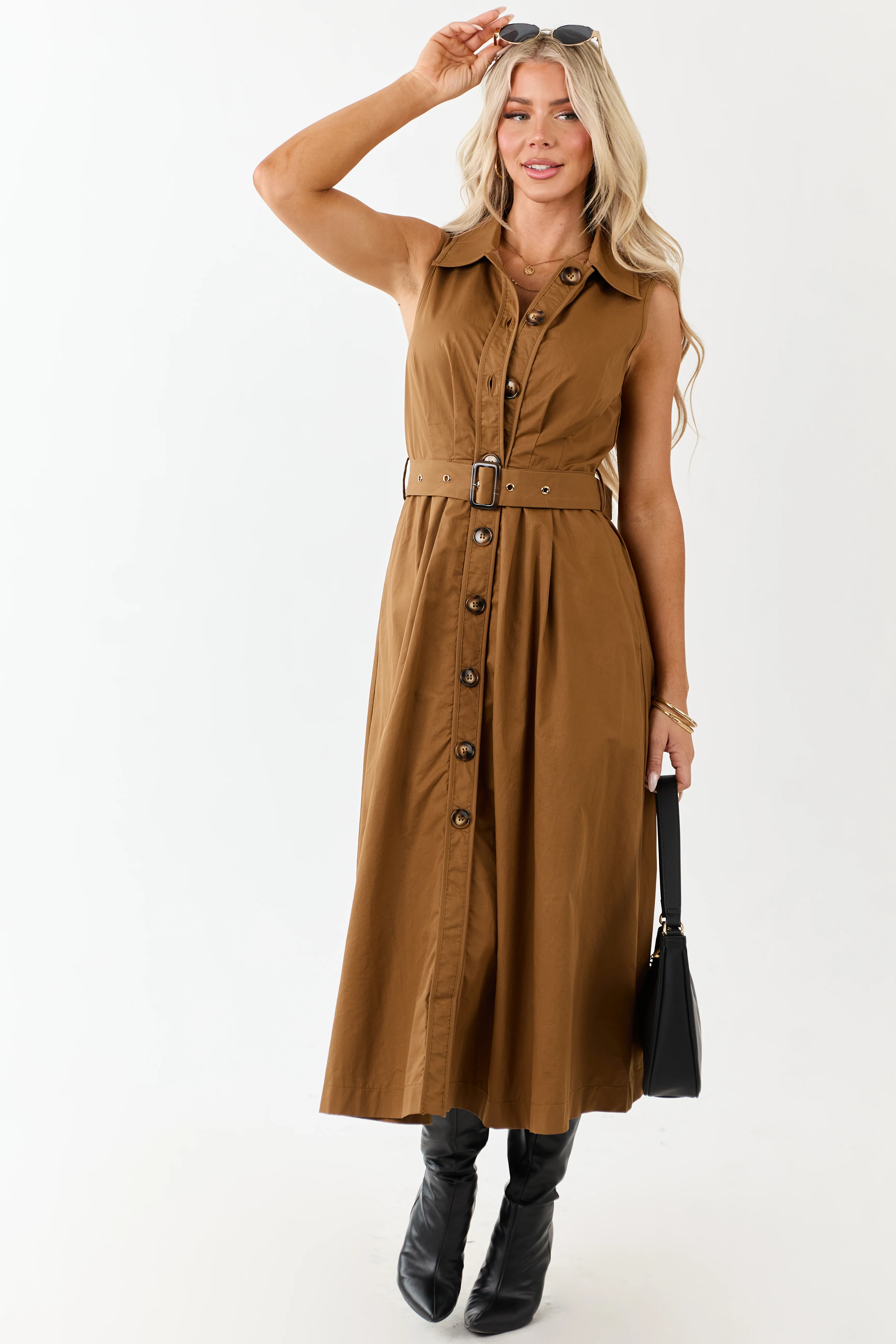 Entro Deep Caramel Button Down Cotton Midi Dress - Image 4