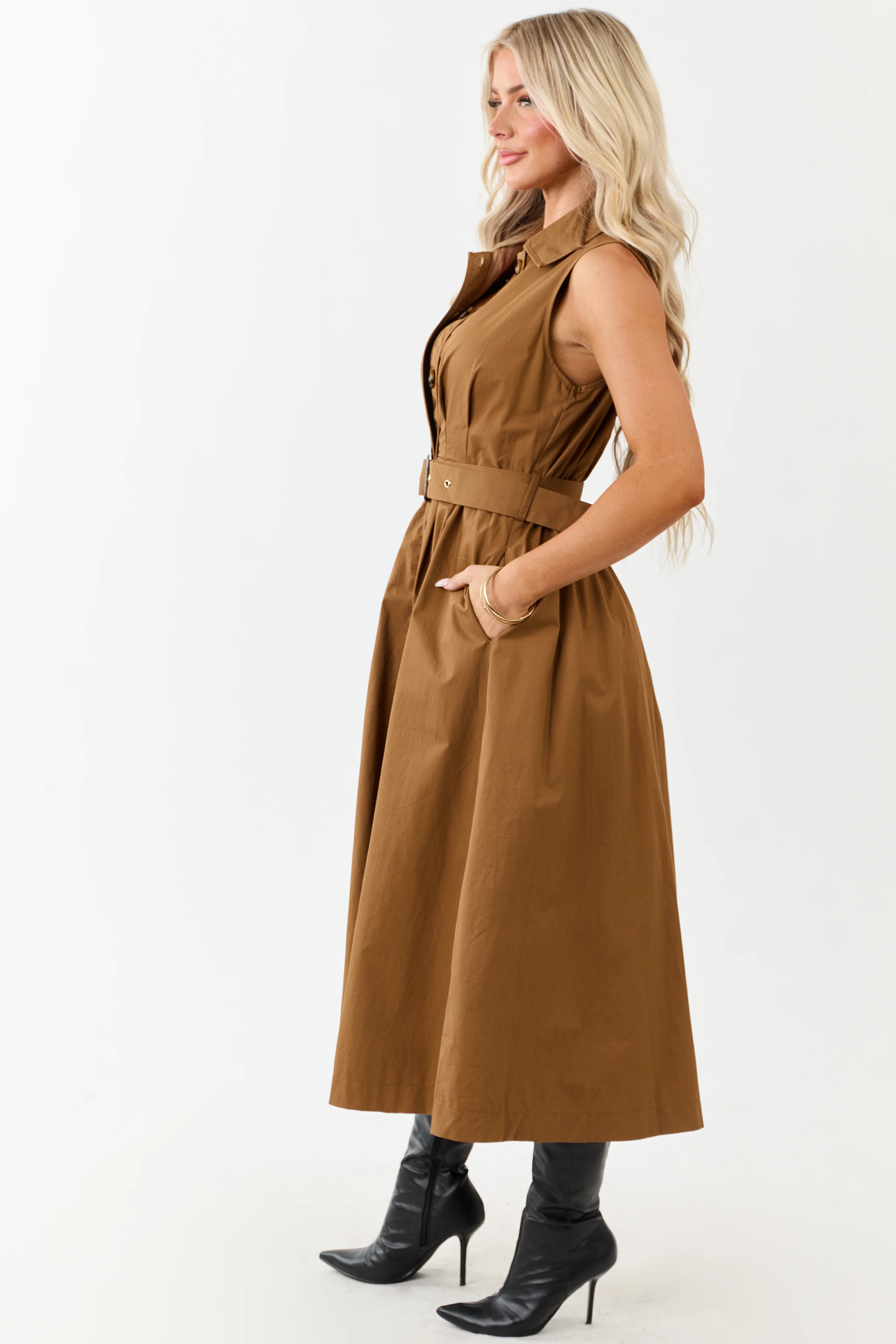 Entro Deep Caramel Button Down Cotton Midi Dress - Image 5