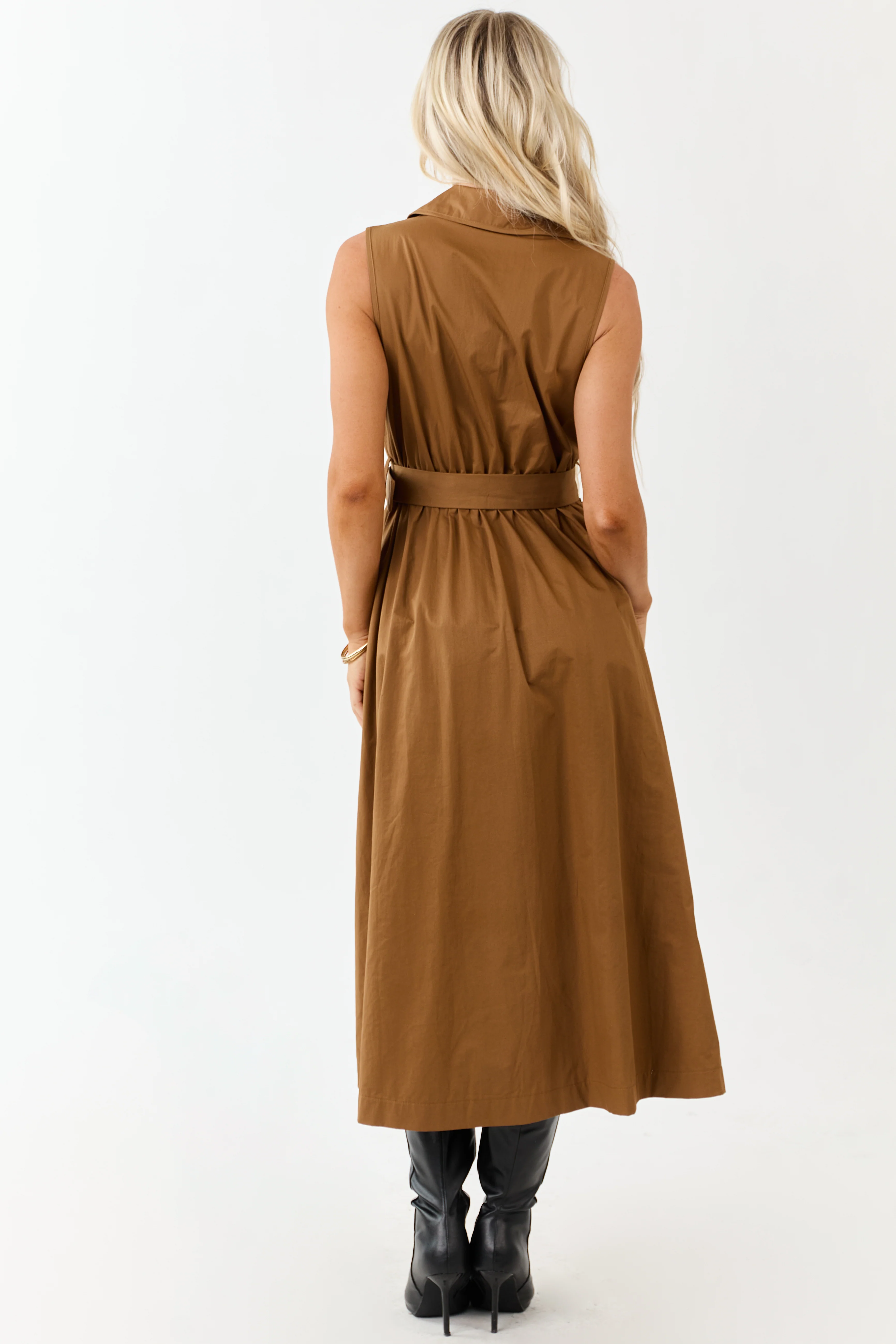 Entro Deep Caramel Button Down Cotton Midi Dress - Image 6