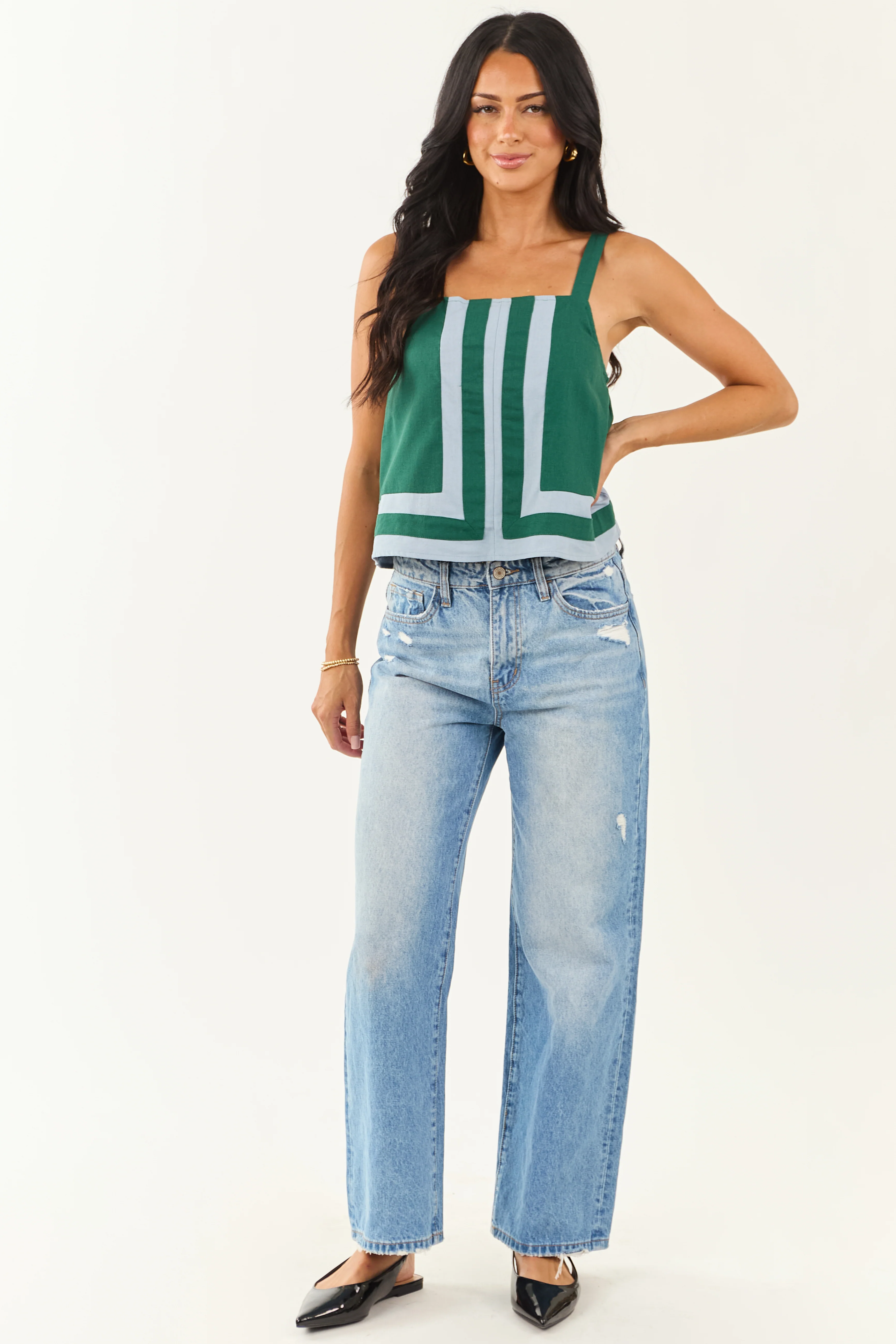 Entro Hunter Green Contrast Stripe Linen Blend Tank Top - Image 3