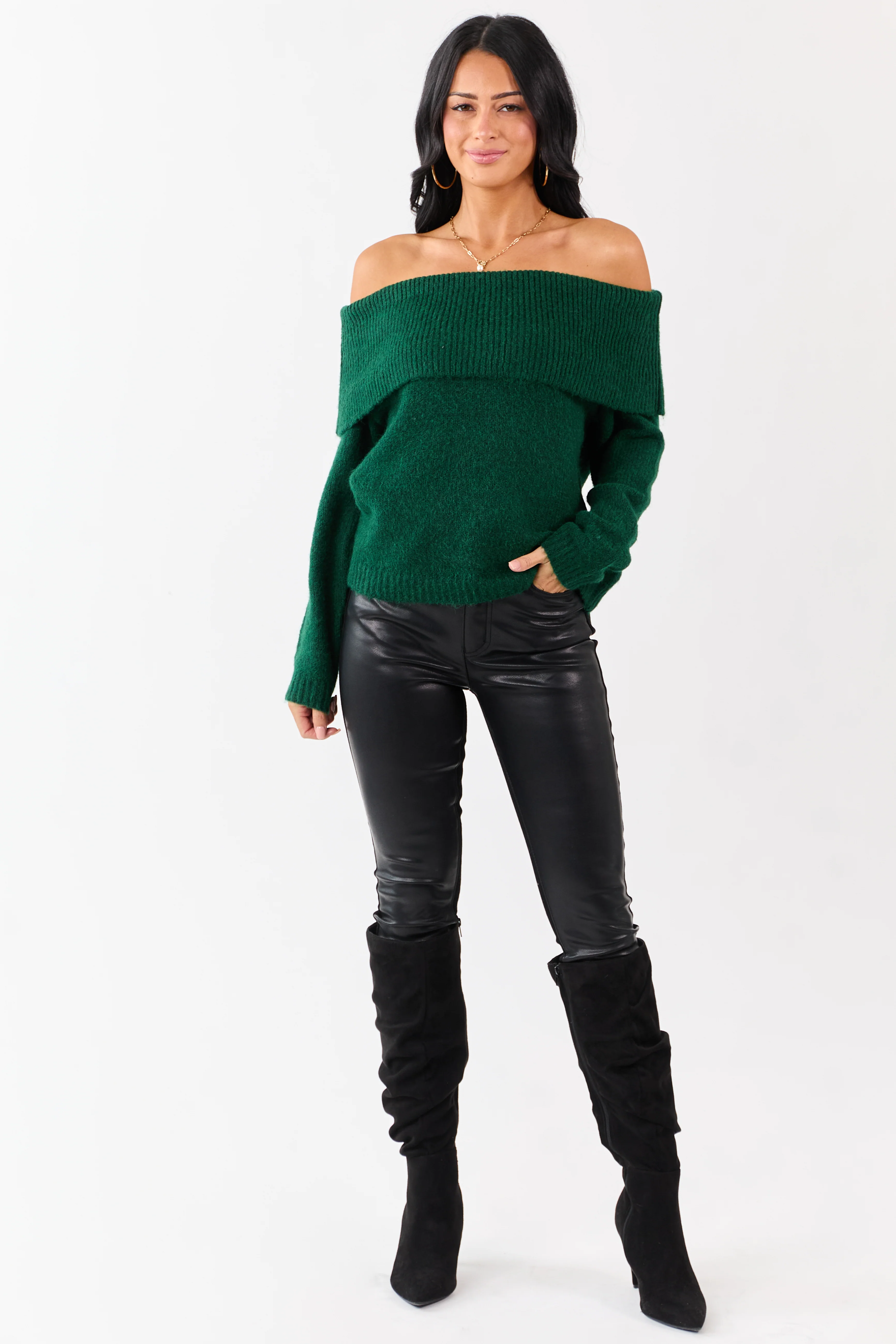 Entro Hunter Green Wool Blend Off Shoulder Sweater - Image 3