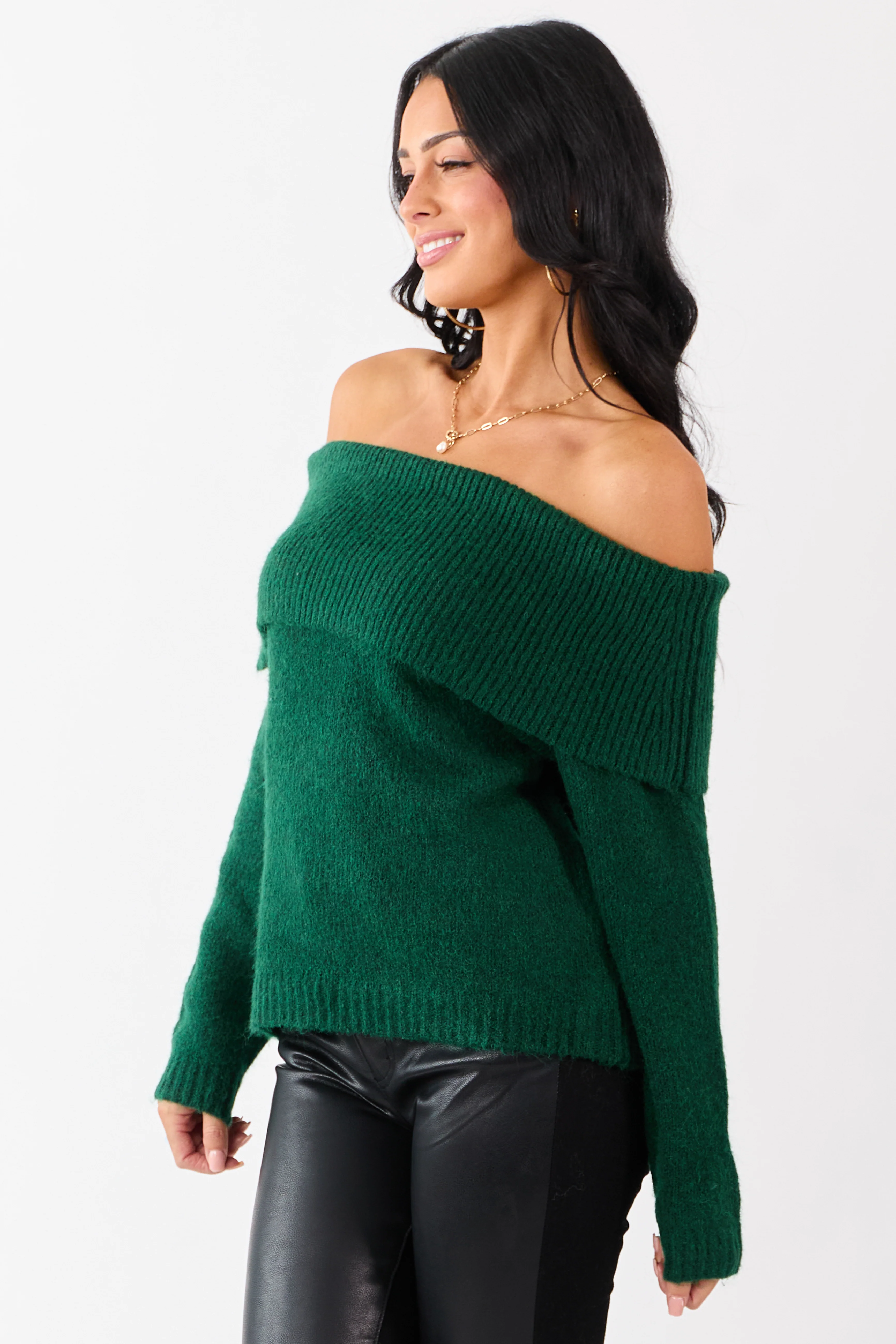 Entro Hunter Green Wool Blend Off Shoulder Sweater - Image 4