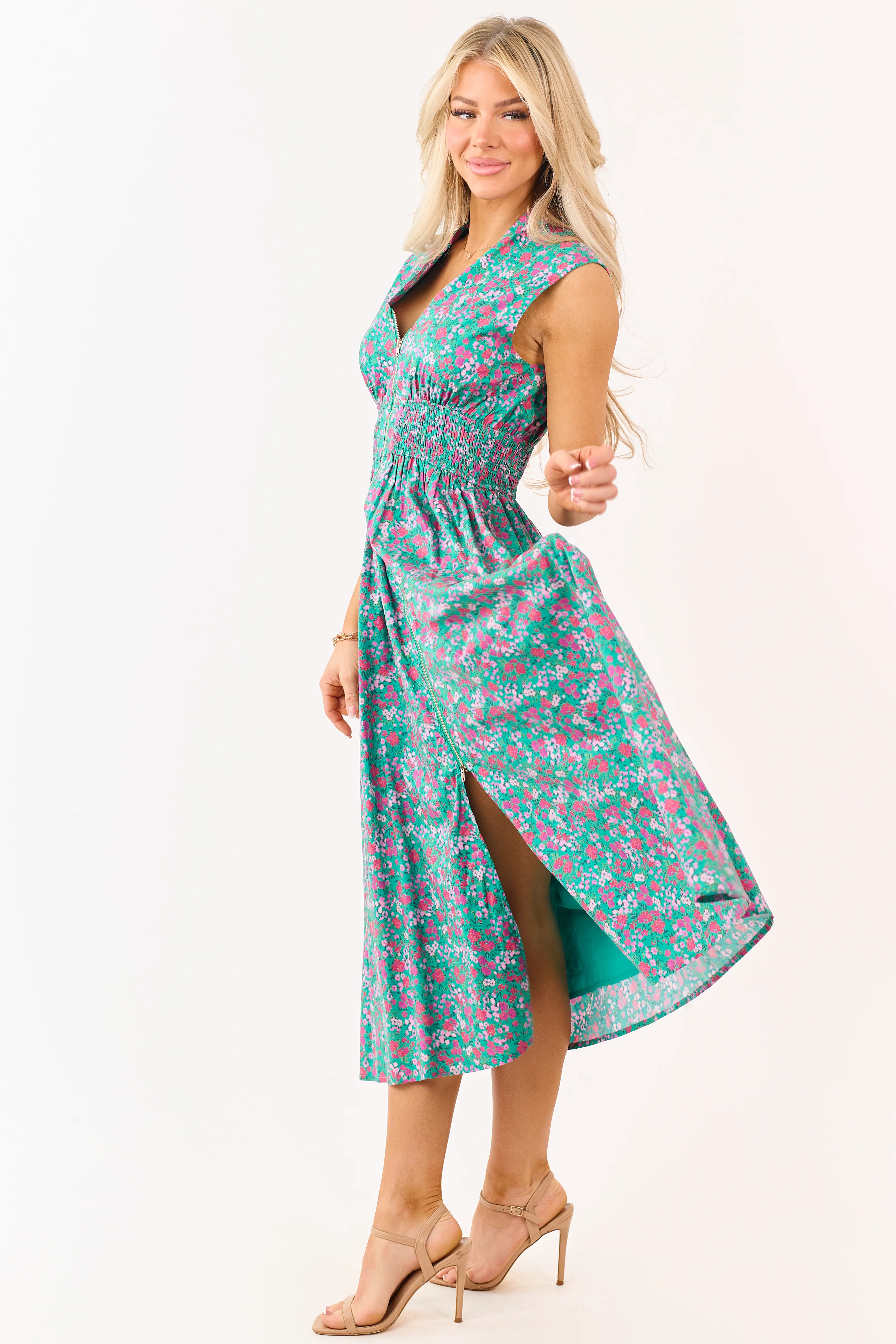 Entro Jungle Green Cotton Floral Zip Up Midi Dress - Image 5
