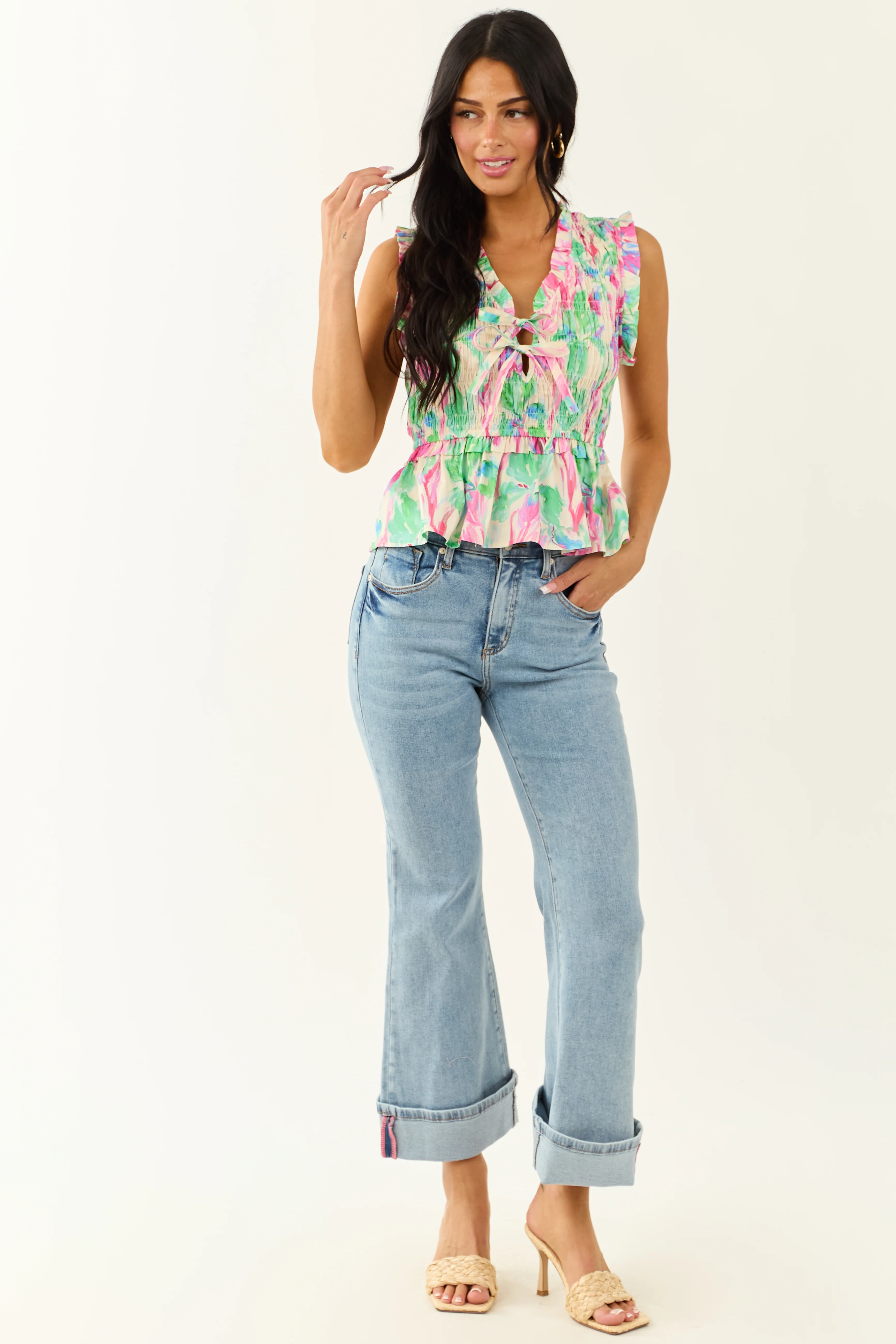 Entro Multicolor Abstract Cotton Smocked Tank Top - Image 4