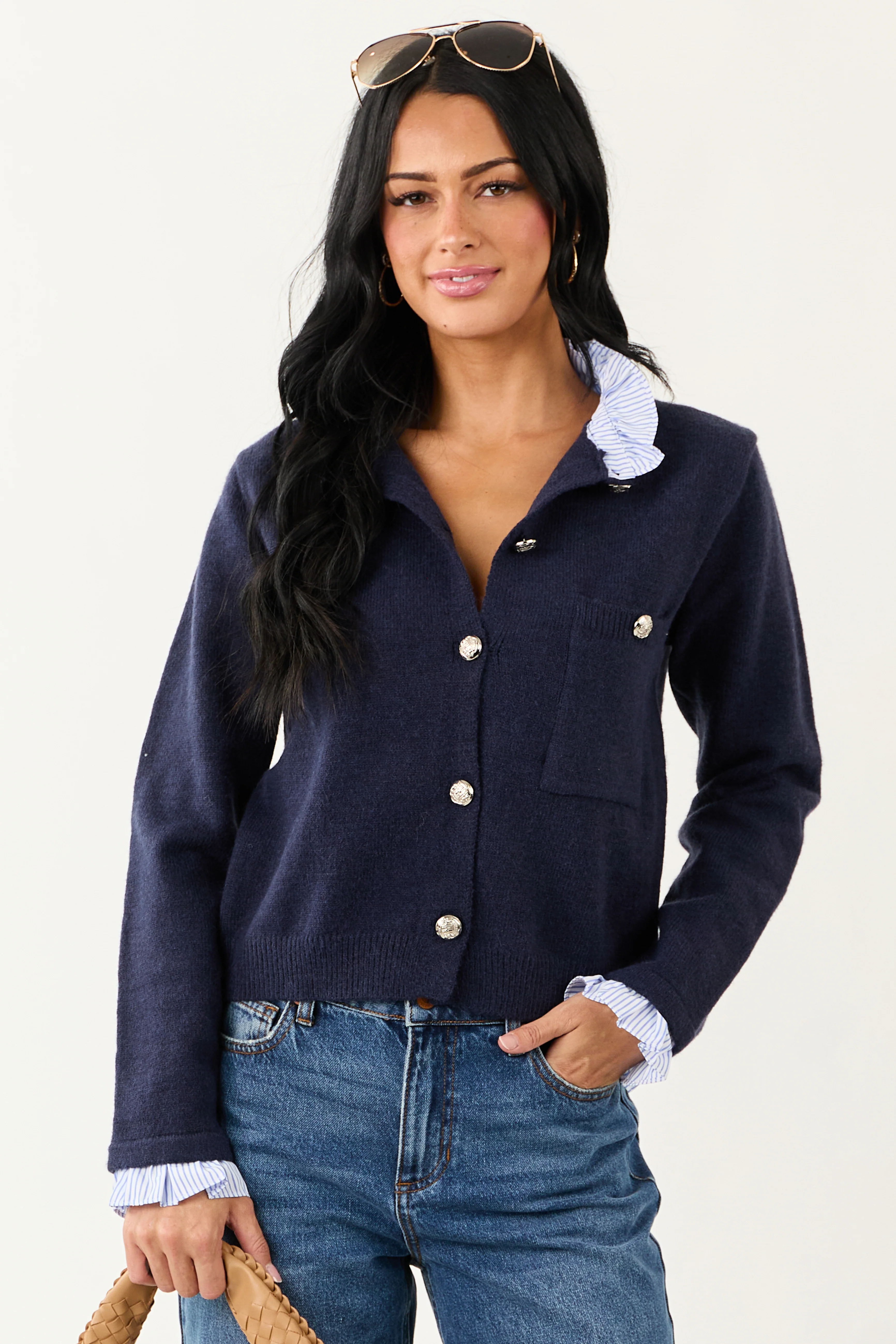 Entro Navy Contrast Ruffle Button Down Cardigan
