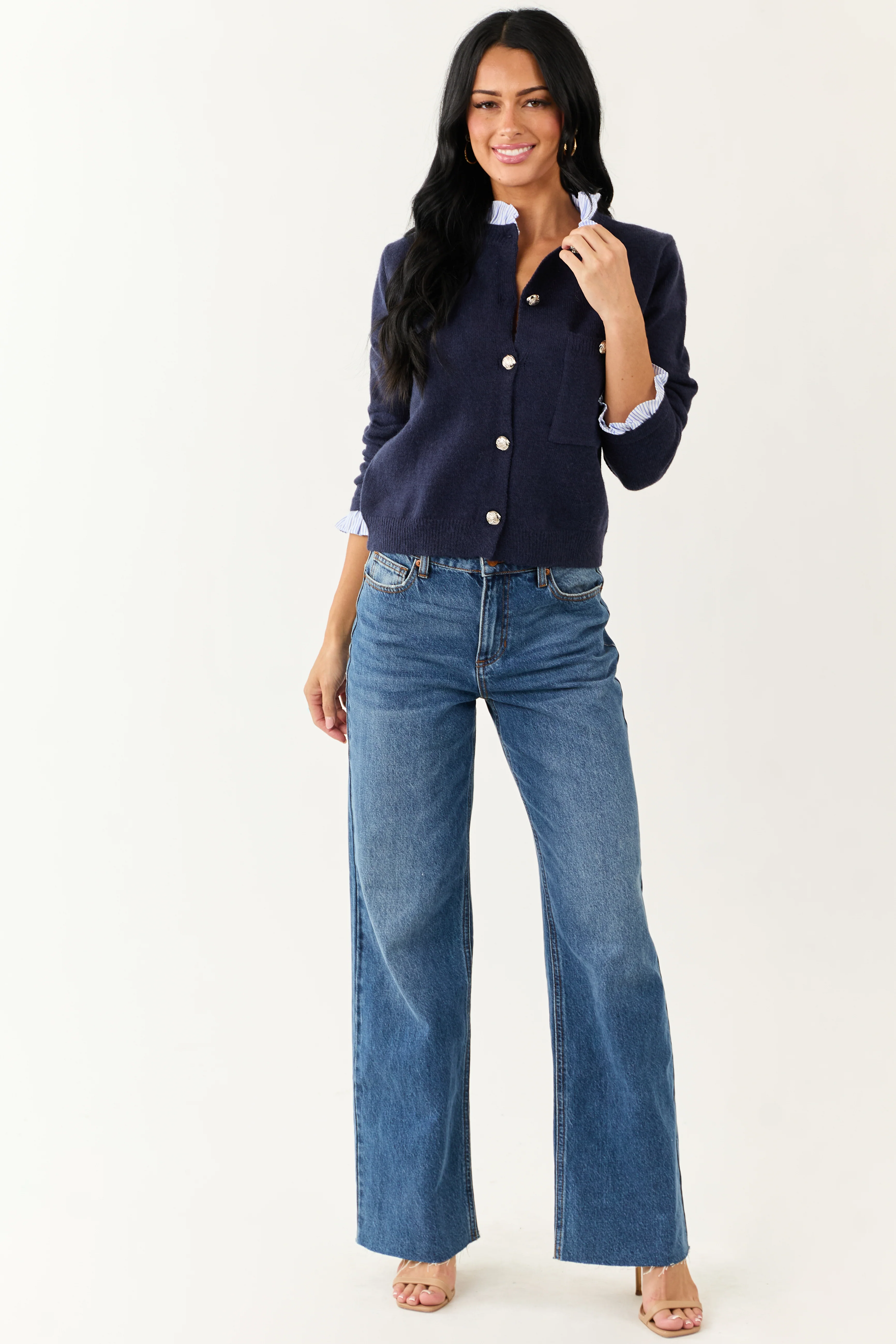 Entro Navy Contrast Ruffle Button Down Cardigan - Image 3