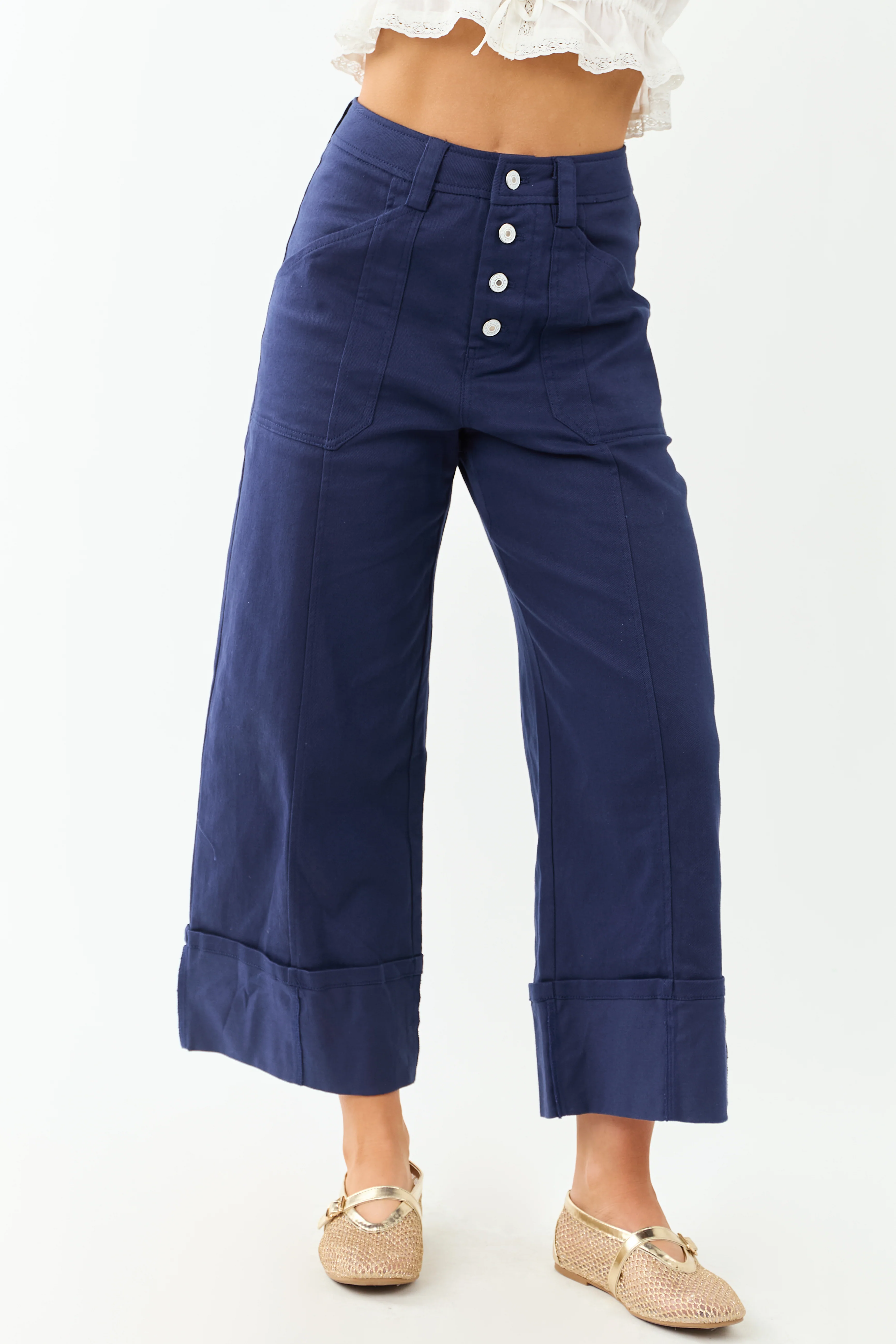 Entro Navy Wide Leg Cropped Cuffed High Waist Pants - Image 2