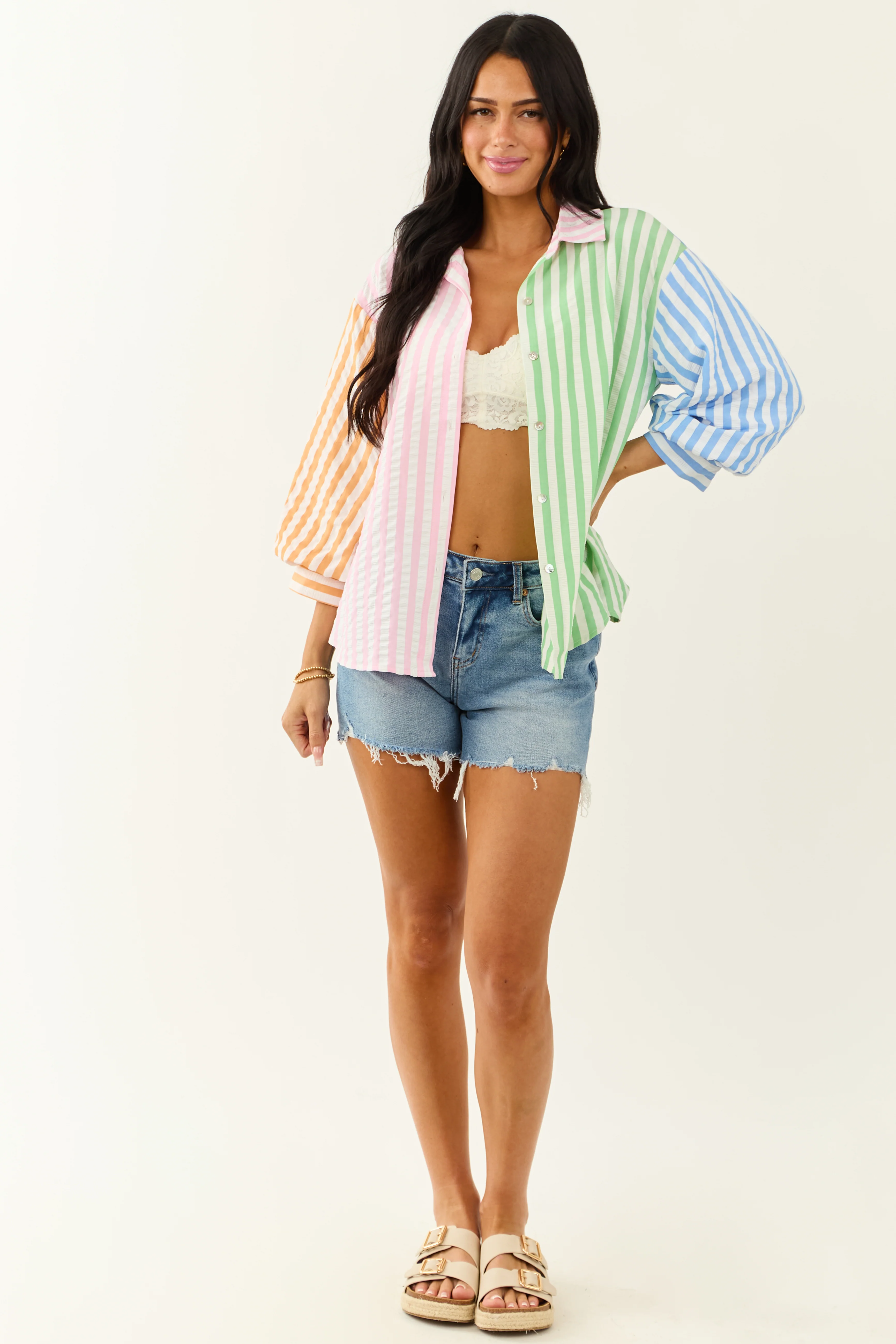Entro Off White Striped Colorblock 3/4 Sleeve Top - Image 2