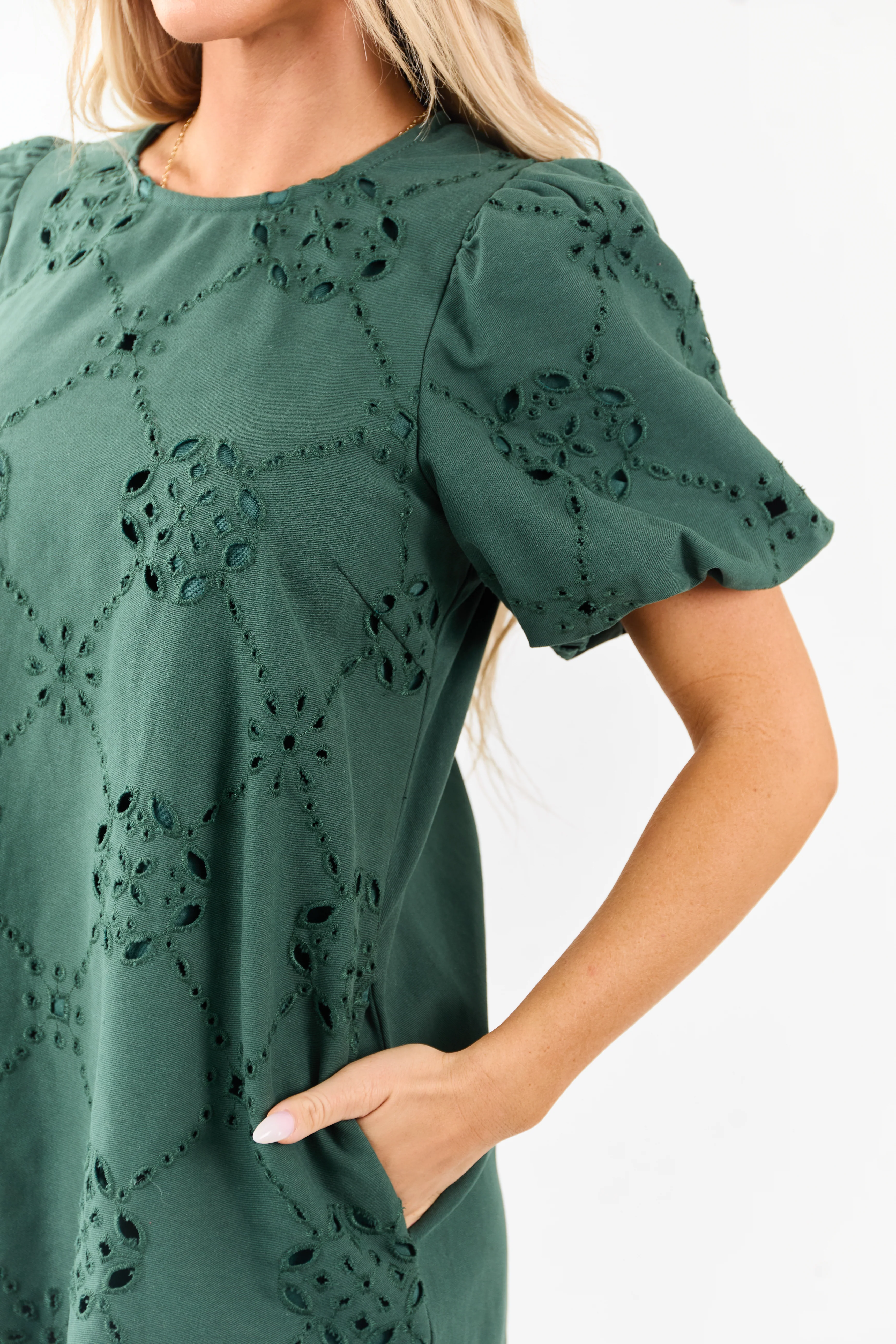 Entro Pine Eyelet Cotton Short Sleeve Mini Shift Dress - Image 6