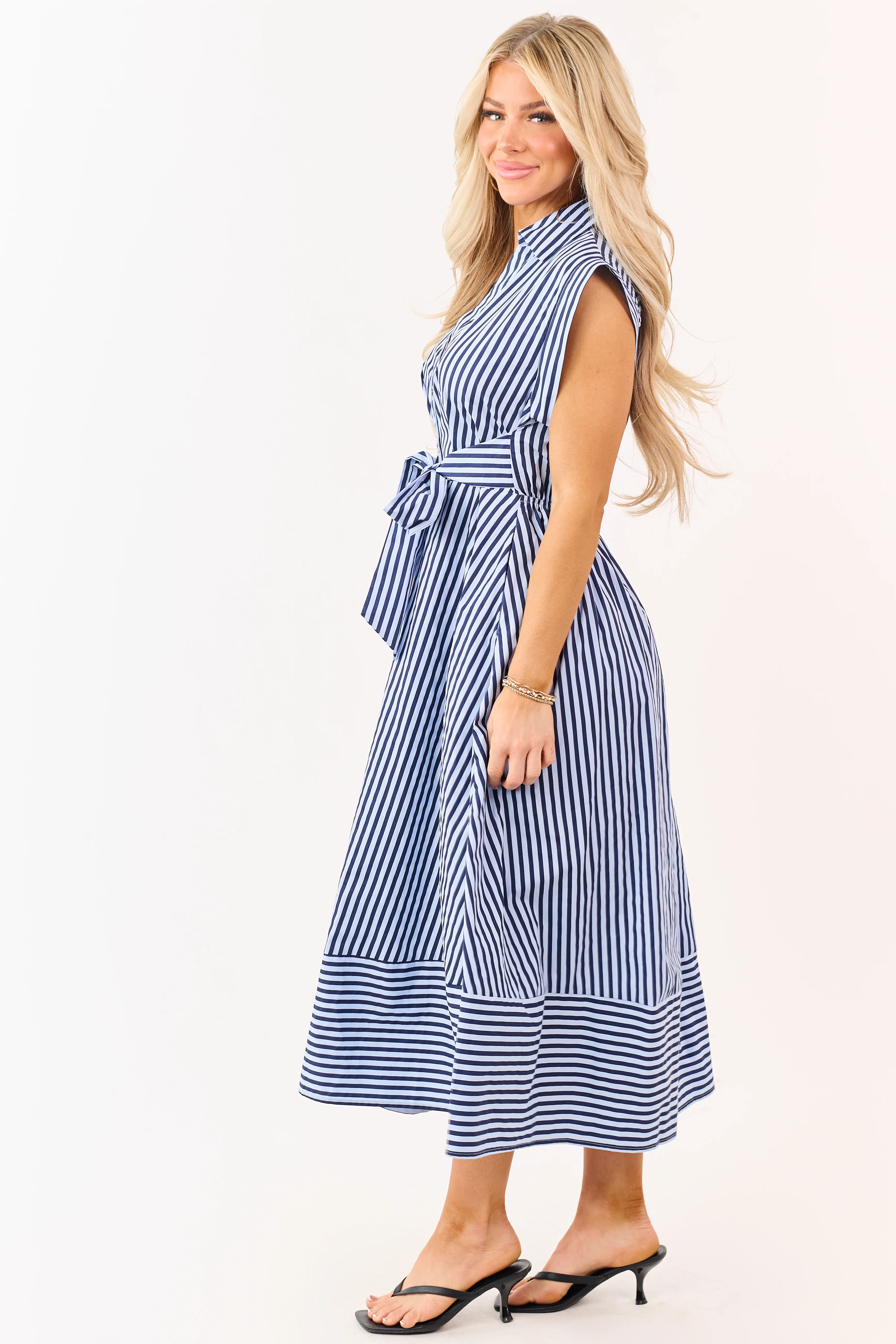 Entro Powder Blue and Navy Striped Cotton Midi Dress - Image 4