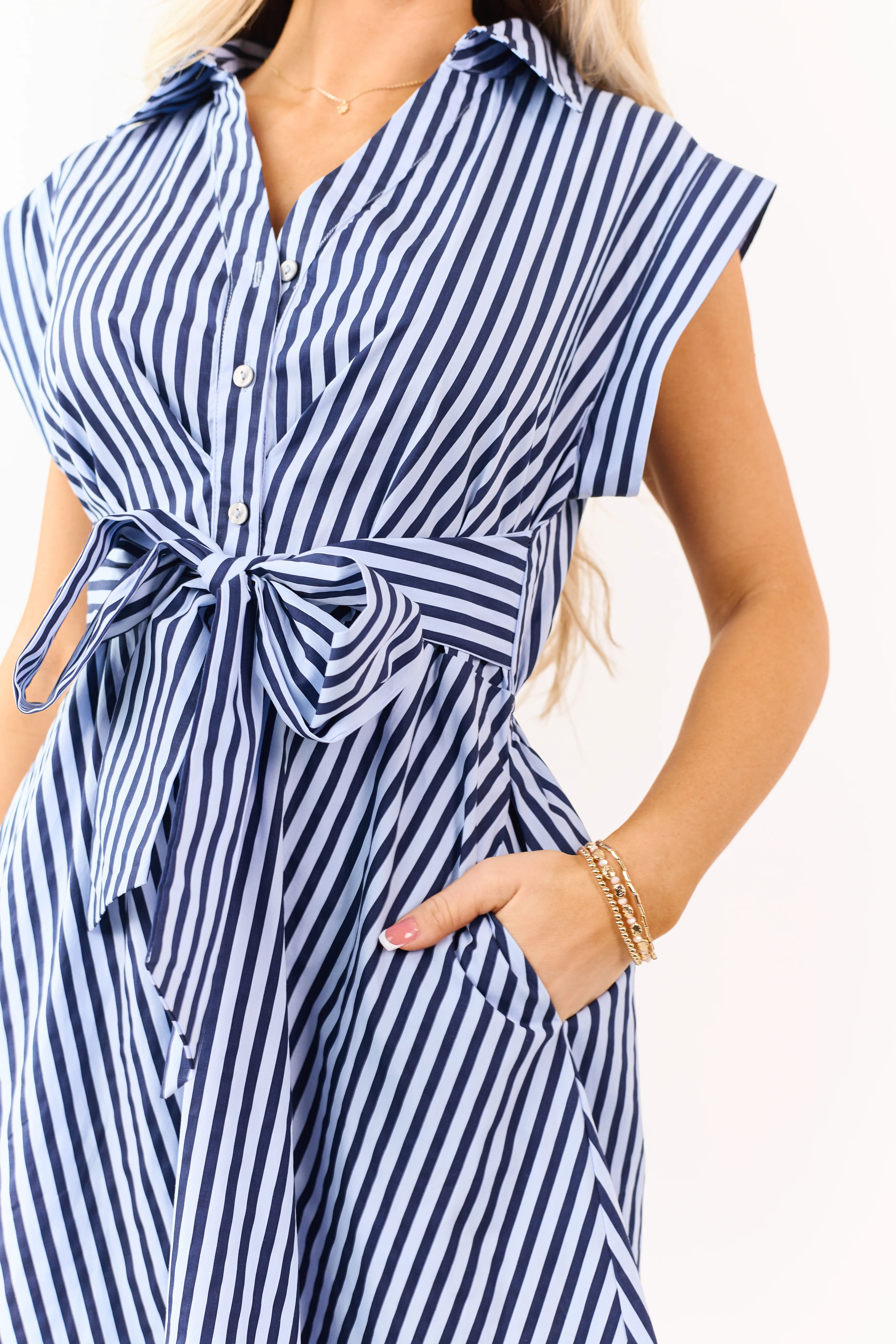 Entro Powder Blue and Navy Striped Cotton Midi Dress - Image 6
