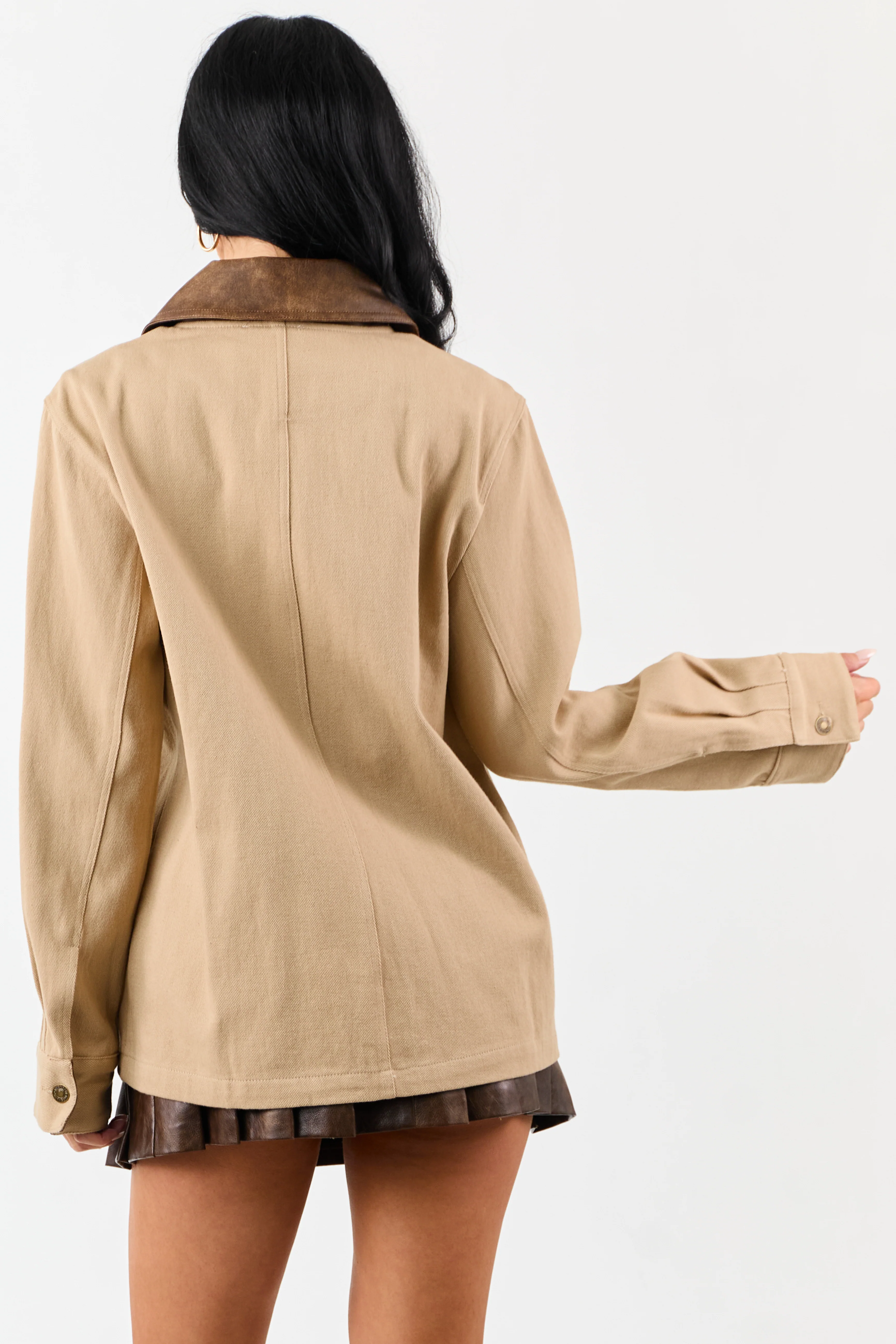 Entro Sand Denim Button Up Contrast Collar Jacket - Image 7