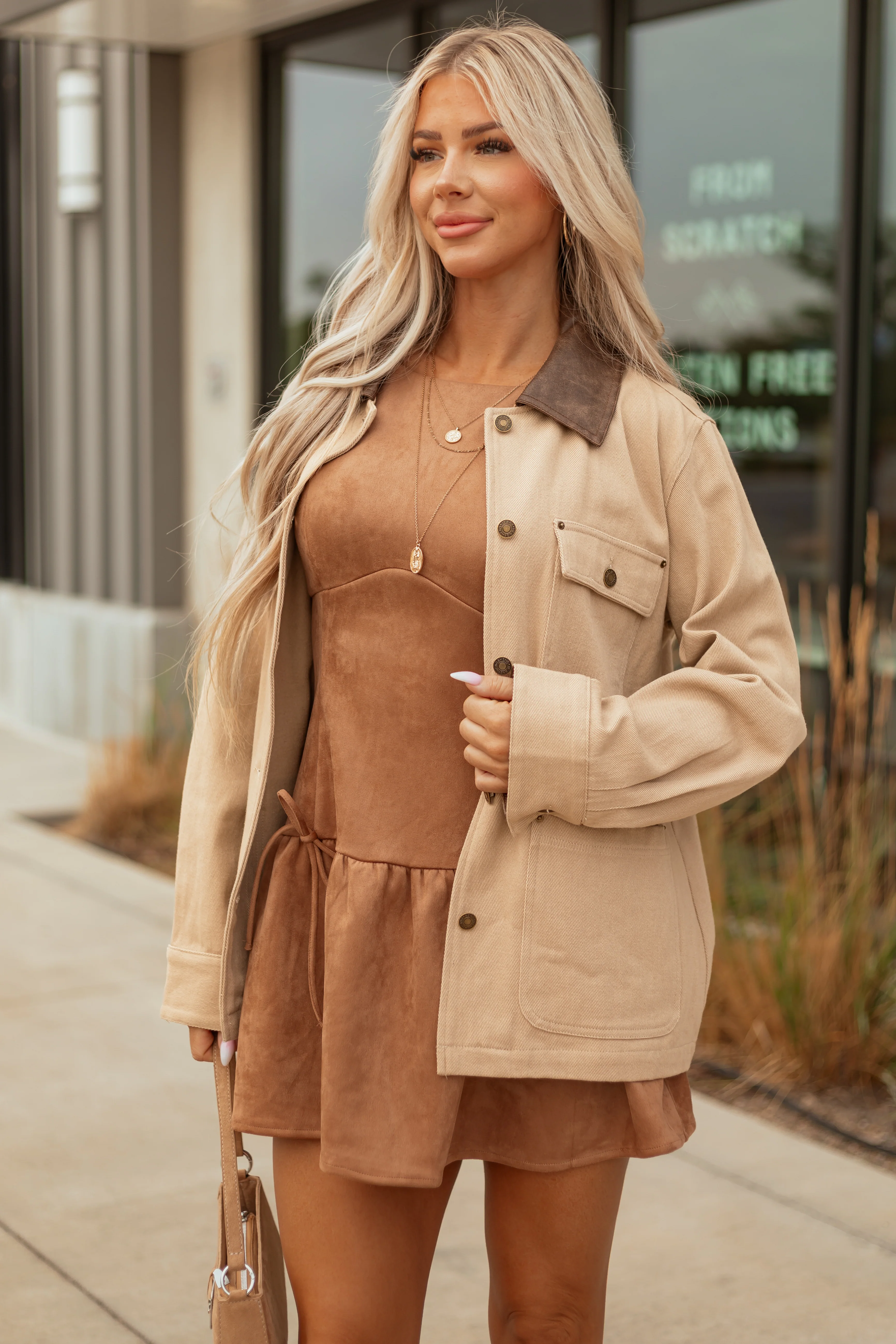 Entro Sand Denim Button Up Contrast Collar Jacket - Image 9