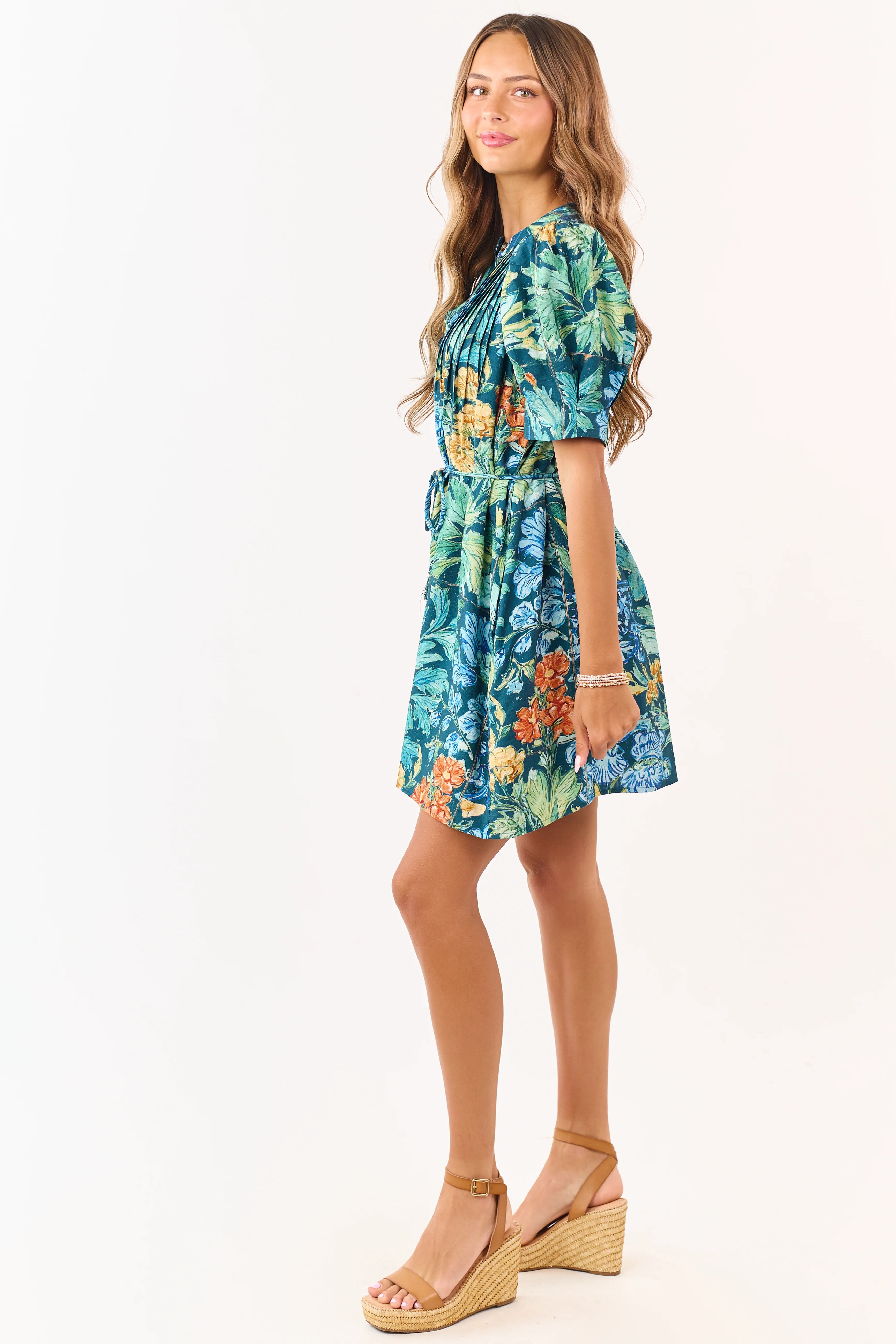 Entro Sea Blue Floral Print Pintuck Mini Dress - Image 4