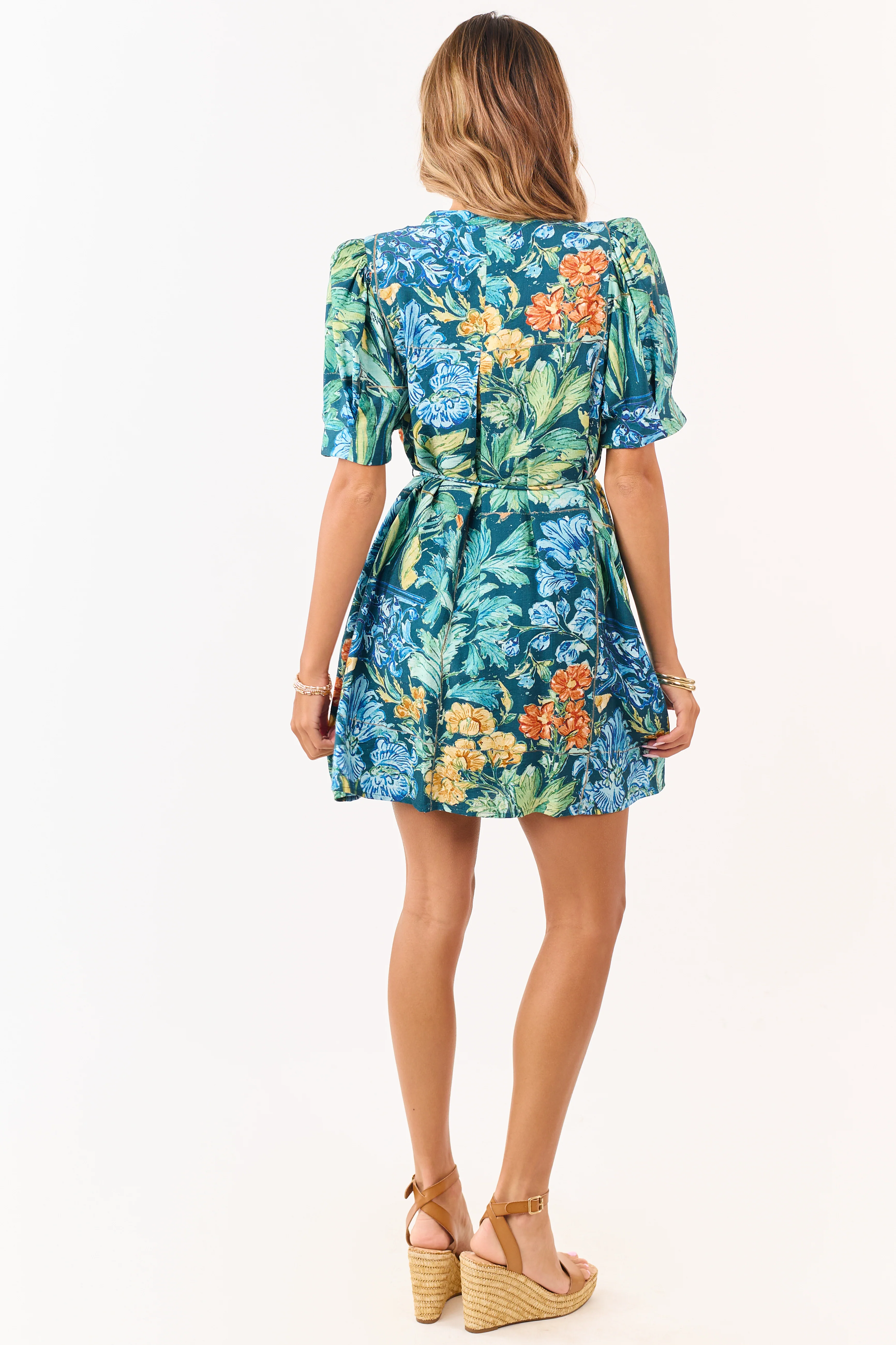 Entro Sea Blue Floral Print Pintuck Mini Dress - Image 5
