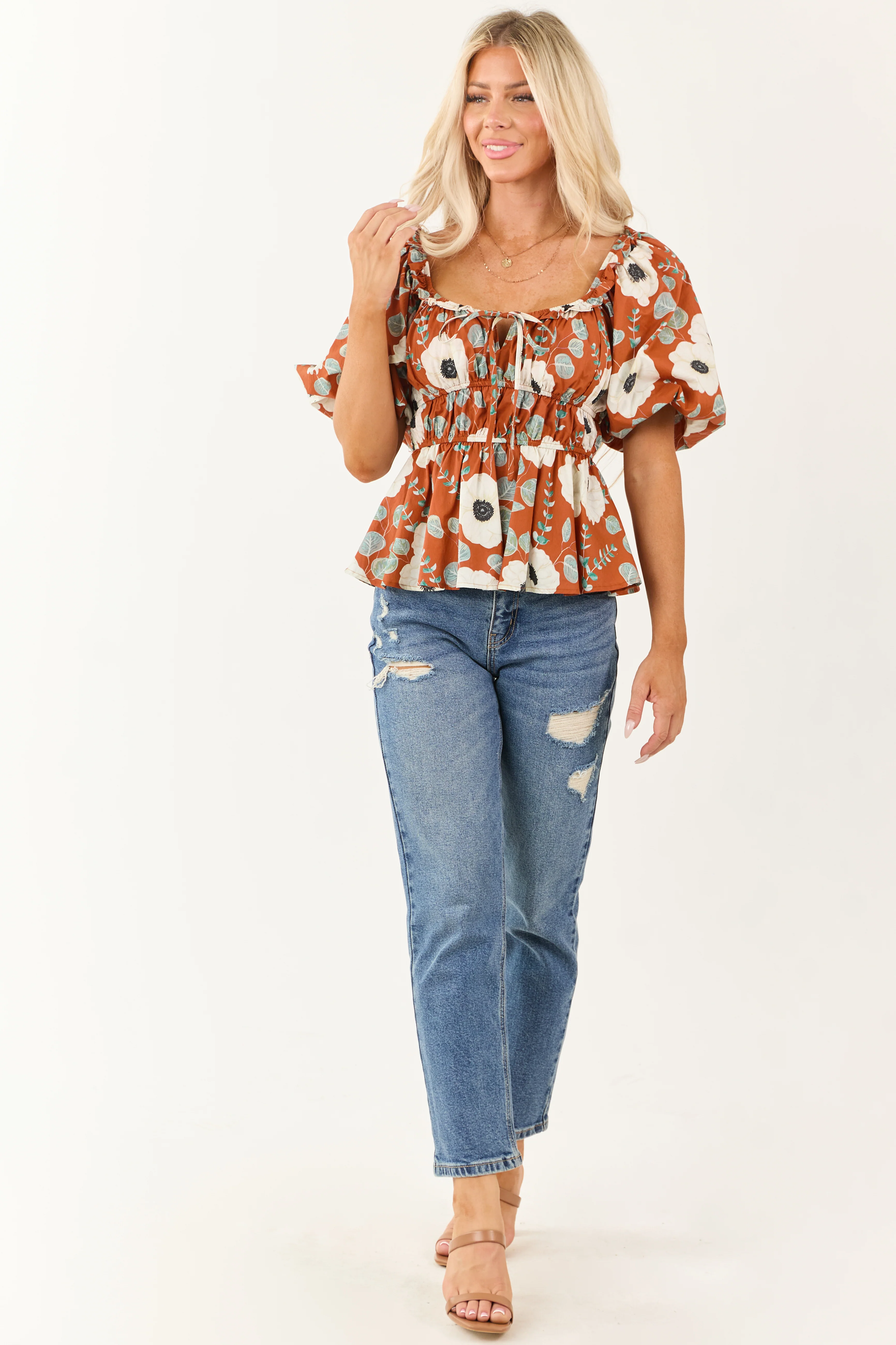 Entro Tawny Floral Smocked Waist Cotton Top - Image 3